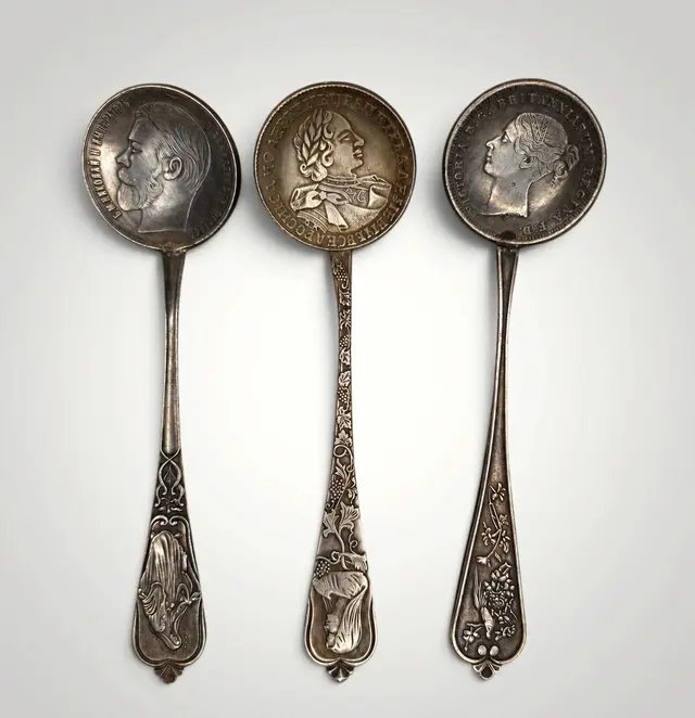 3 Fine Silver Spoons with Imperial Russian hallmarks and Russian coins