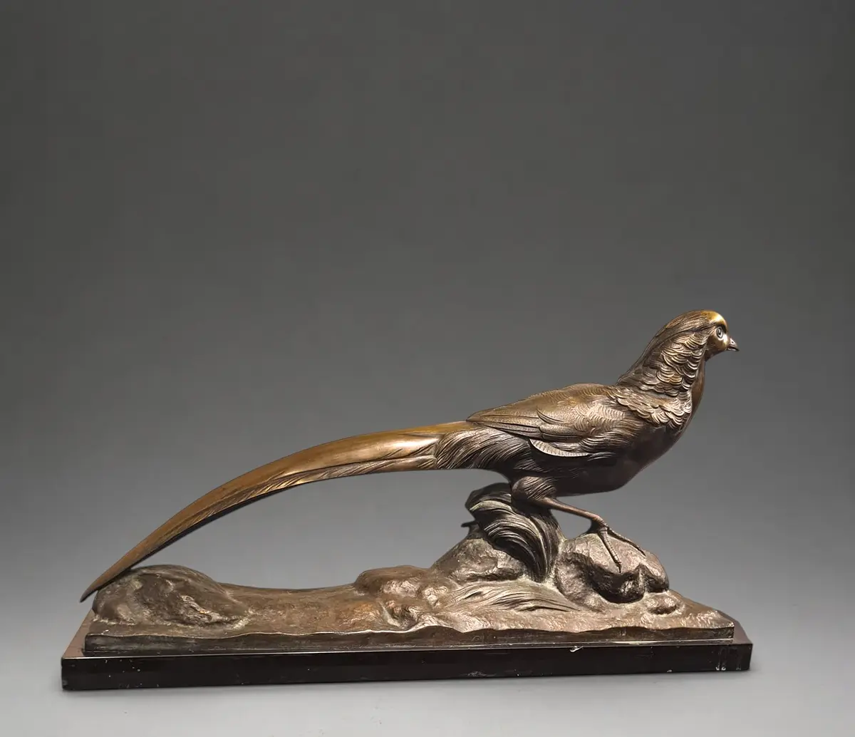 Large Art Deco bronze pheasant, signed E. POLLIN