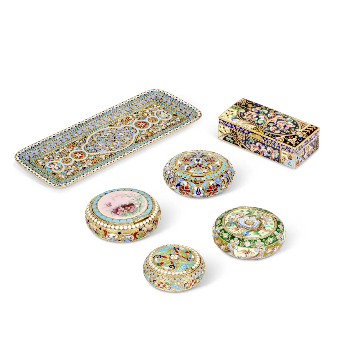 A Group of Five Russian Cloisonné Enamel Silver-Gilt Pill Boxes and a Tray
