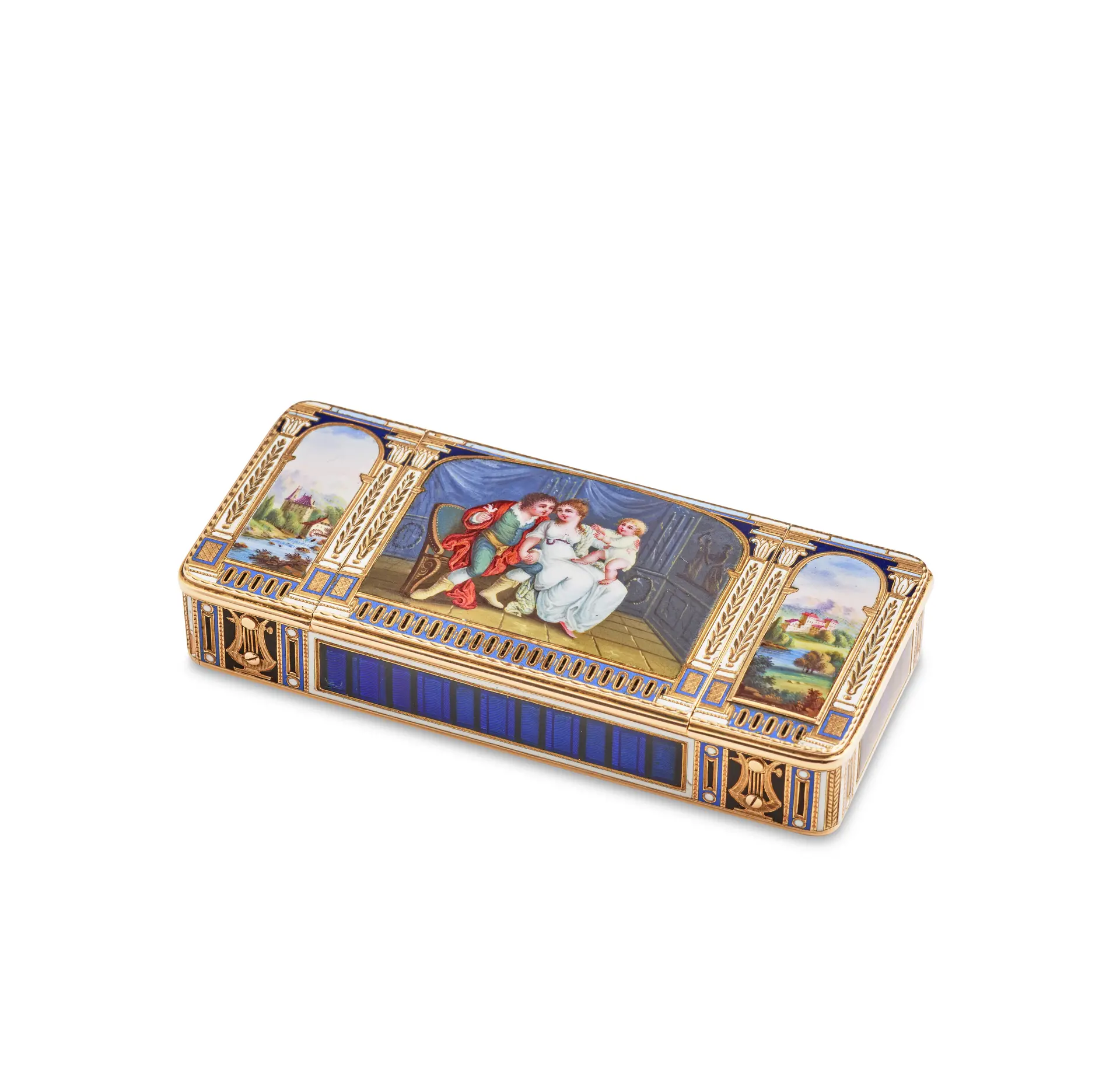 A Rare Swiss Enamelled Gold Three-Compartment Musical Box...