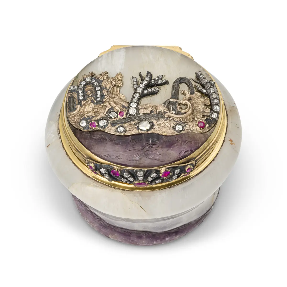 German Jewelled Vari-Colour Gold-Mounted Amethyst and Quartz Pill