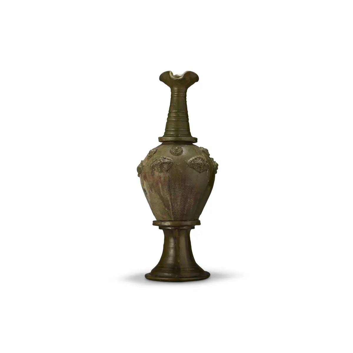 A Large Green-Glazed Appliqué -Decorated Long Necked Vase