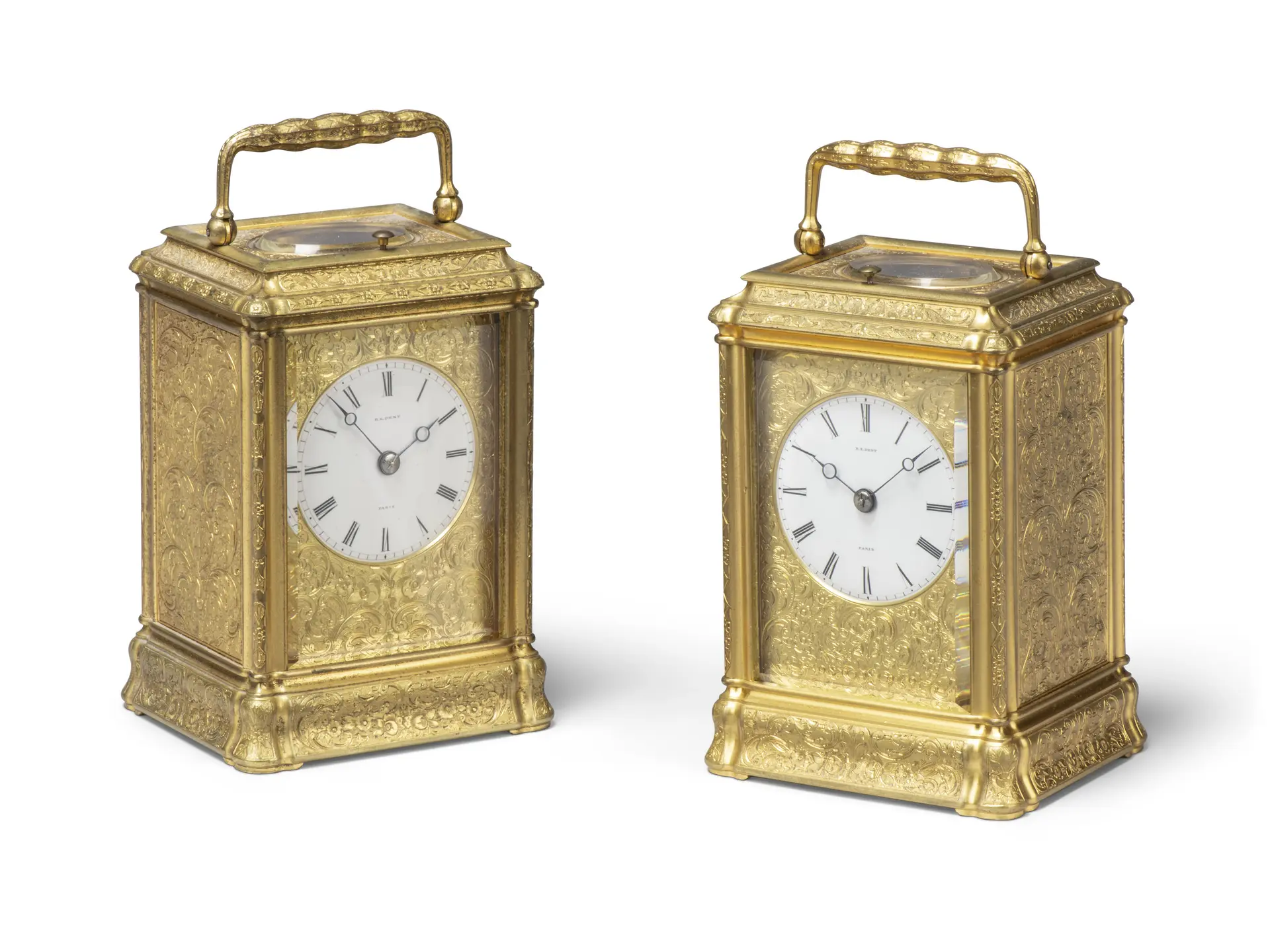 A Pair of French Gilt-Brass Striking Carriage Clocks with Repeat