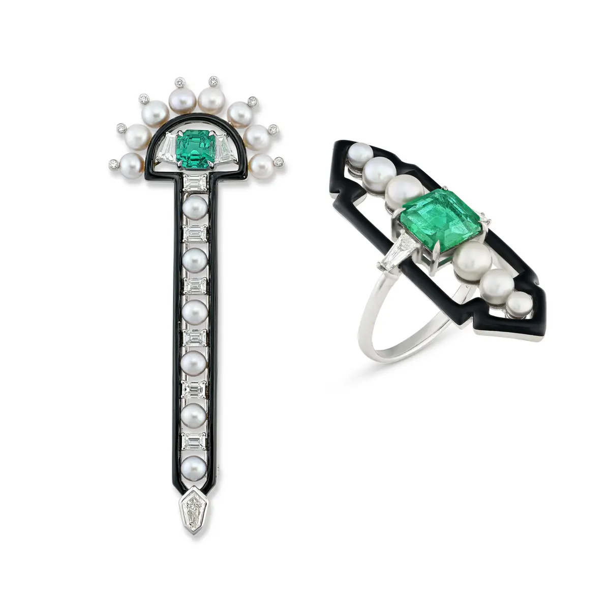 Nikos Koulis Group of Emerald, Cultured Pearl, Diamond and Enamel Jewellery