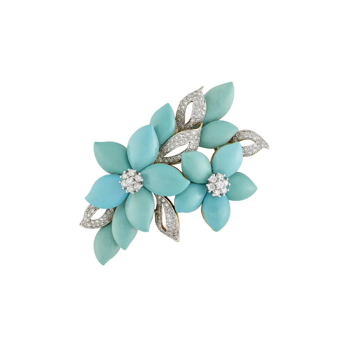 Kessaris Turquoise and Diamond Flower Brooch