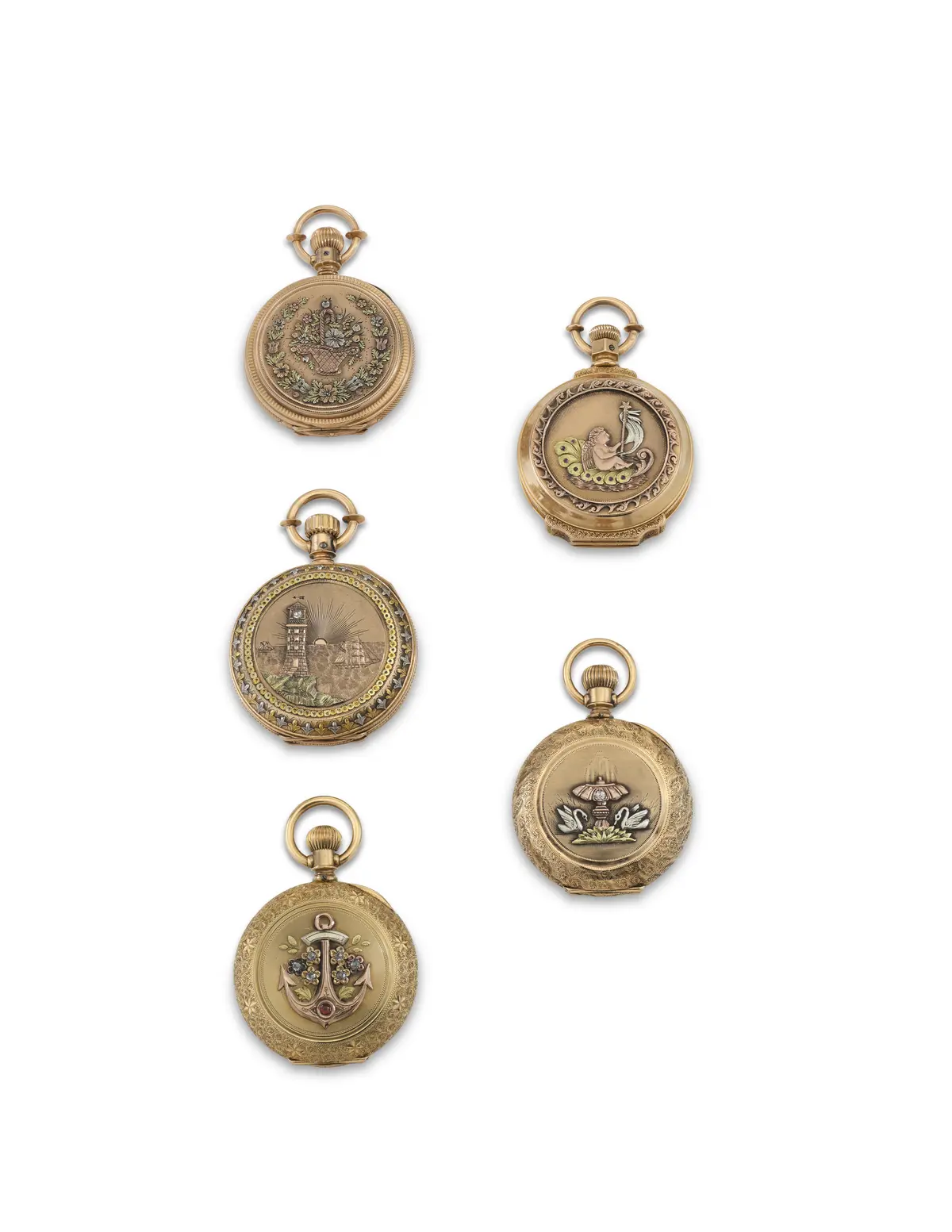 A Group of Five American Gem-Set Vari-Color Gold Pocket Watches