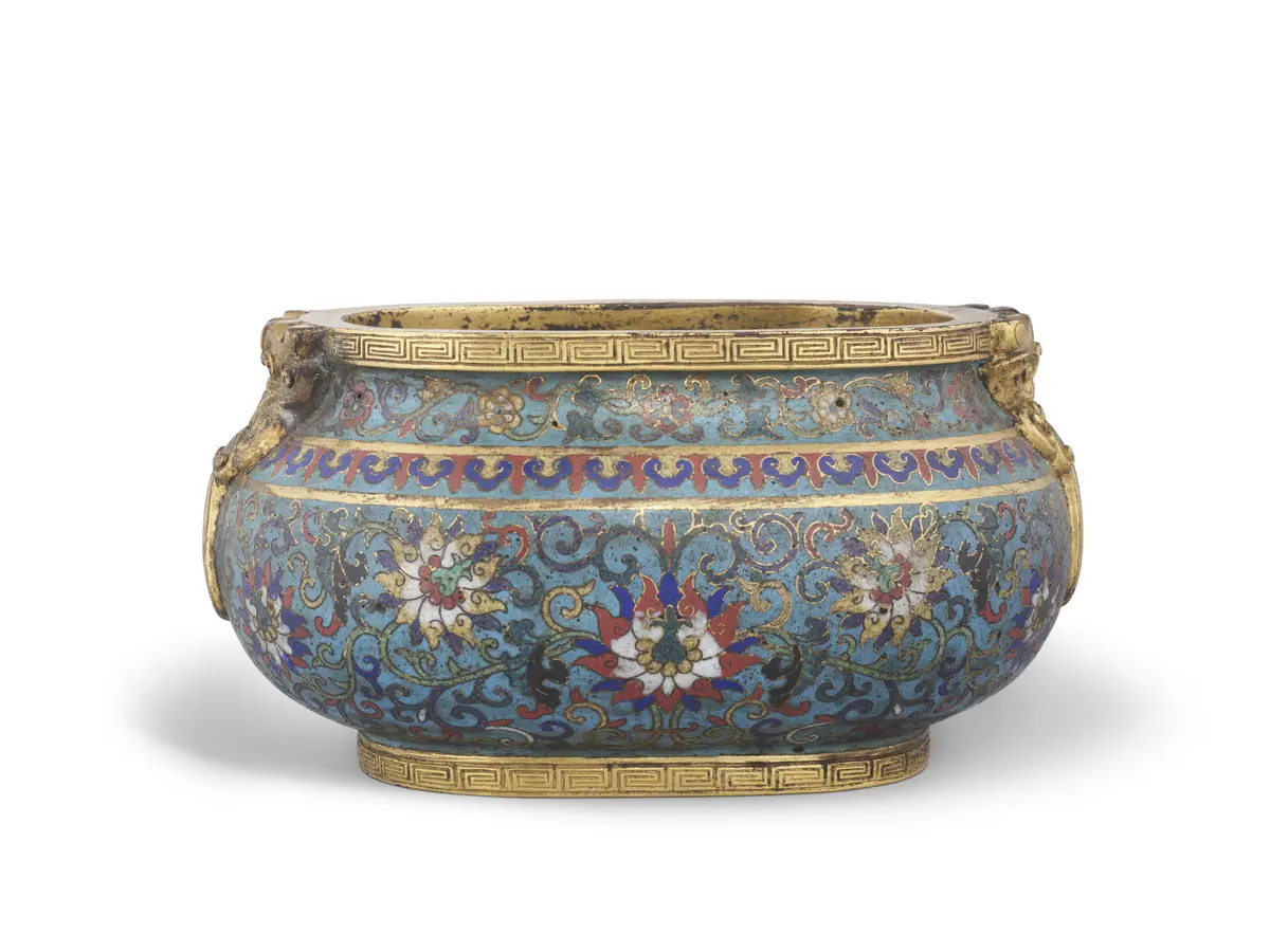 A Small Cloisonné Enamel Two-Handled Ovoid 'Lotus' Censer