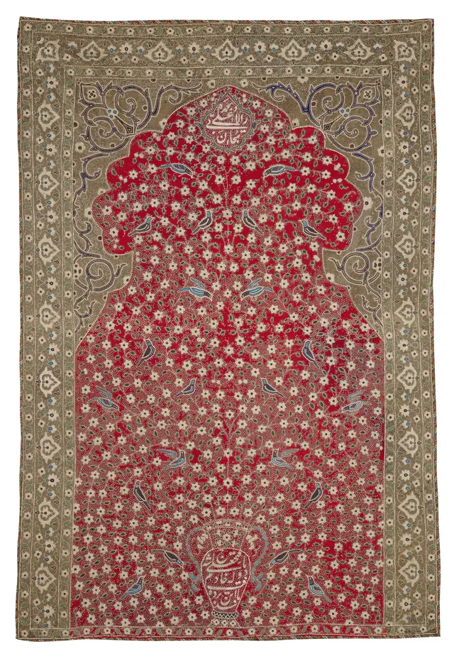 A Princely Qajar Embroidered and Pearl Appliqué Prayer Panel