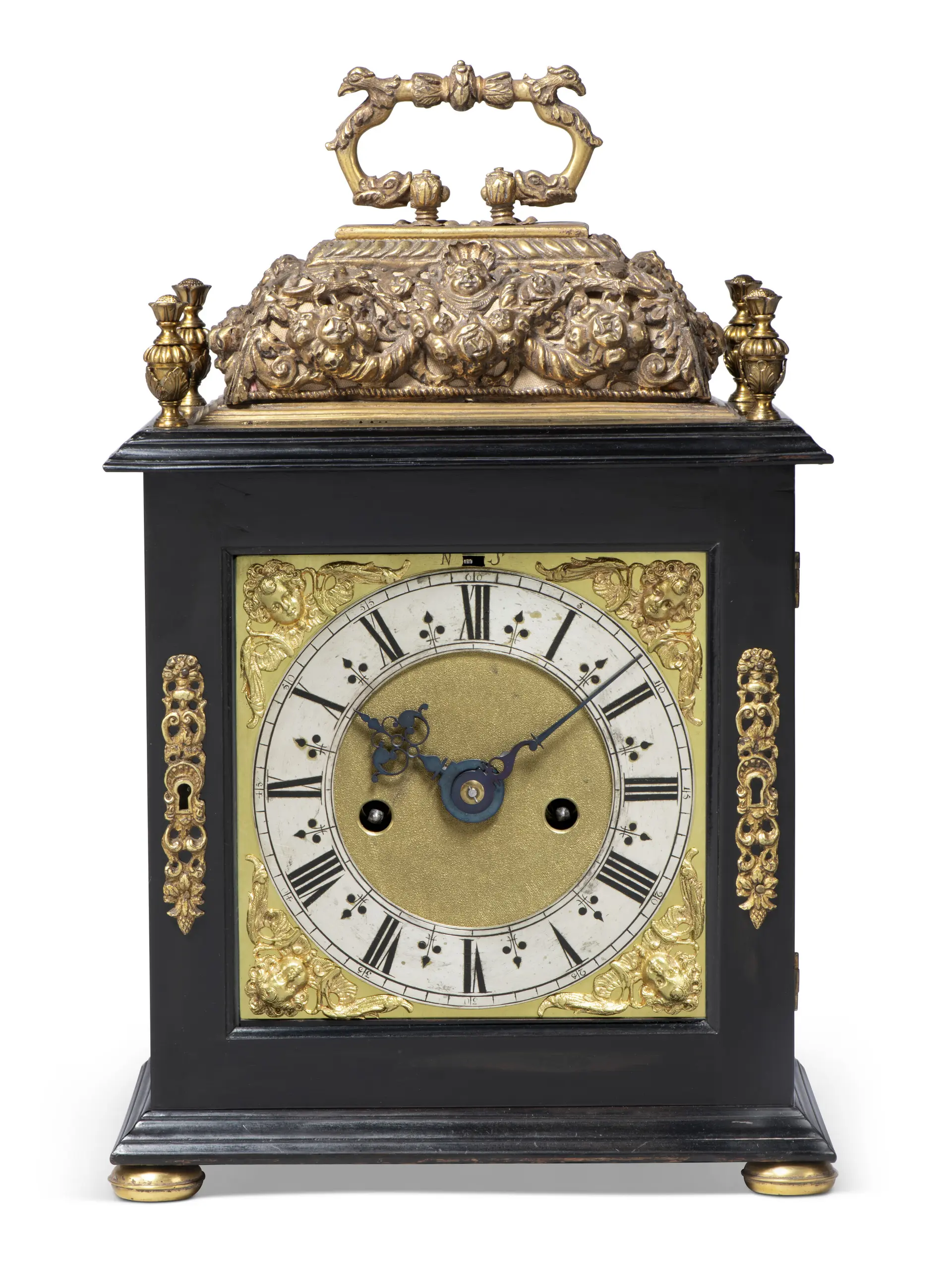A William and Mary Ebony and Gilt-Brass Striking Table Clock with