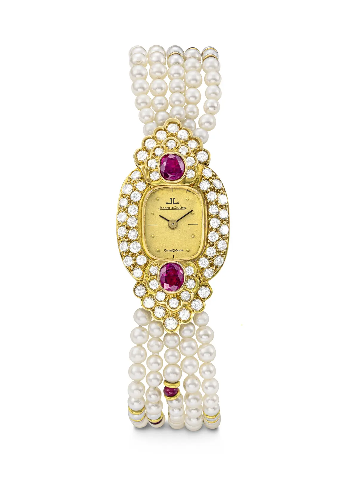 Jaeger-Lecoultre. An Elegant 18K Gold, Pearl, Diamond and Red Gemstone-Set