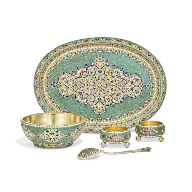 A Russian Cloisonné Enamel Silver-Gilt Tray, Sugar Bowl, Two Salt