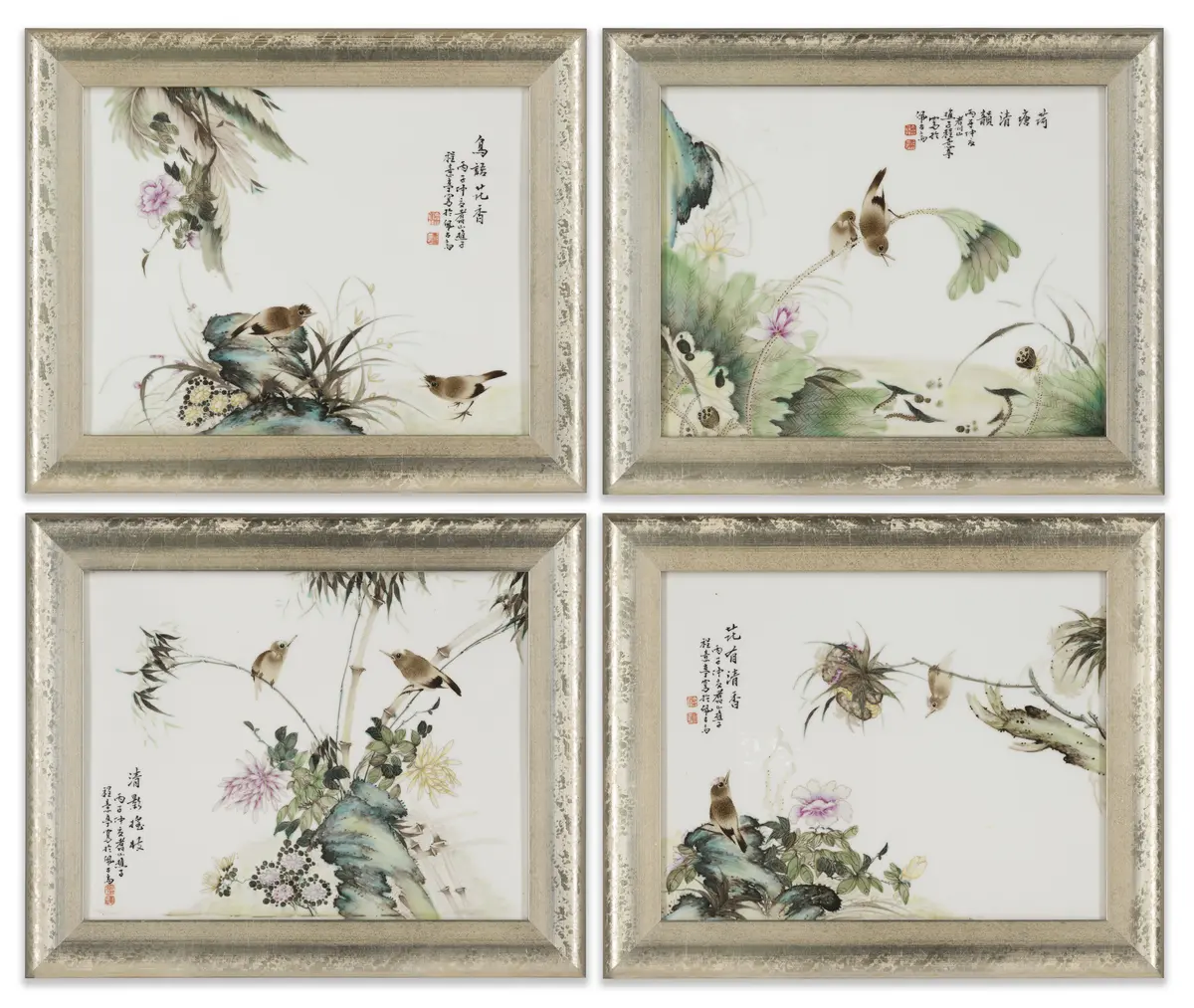 A Set of Four Famille Rose ‘Birds and Flowers' Porcelain Plaques
