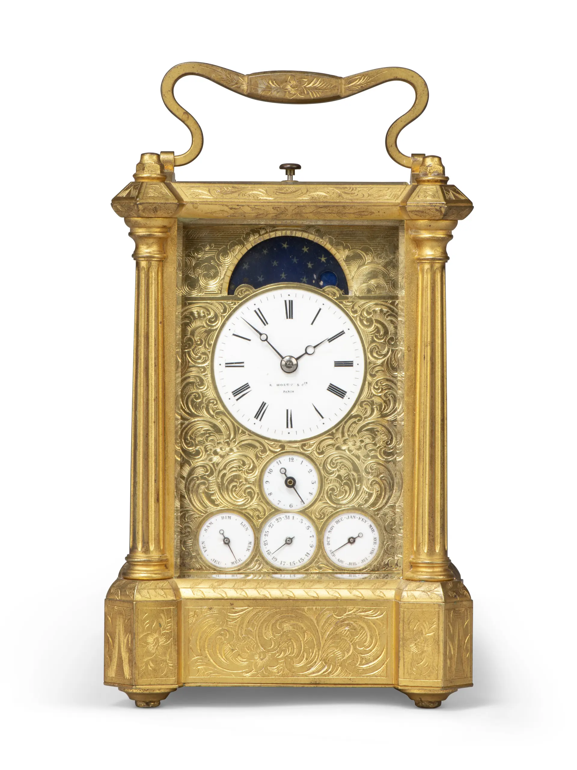 A French Gilt-Brass Carriage Clock with Strike Repeat, Alarm, Calendar