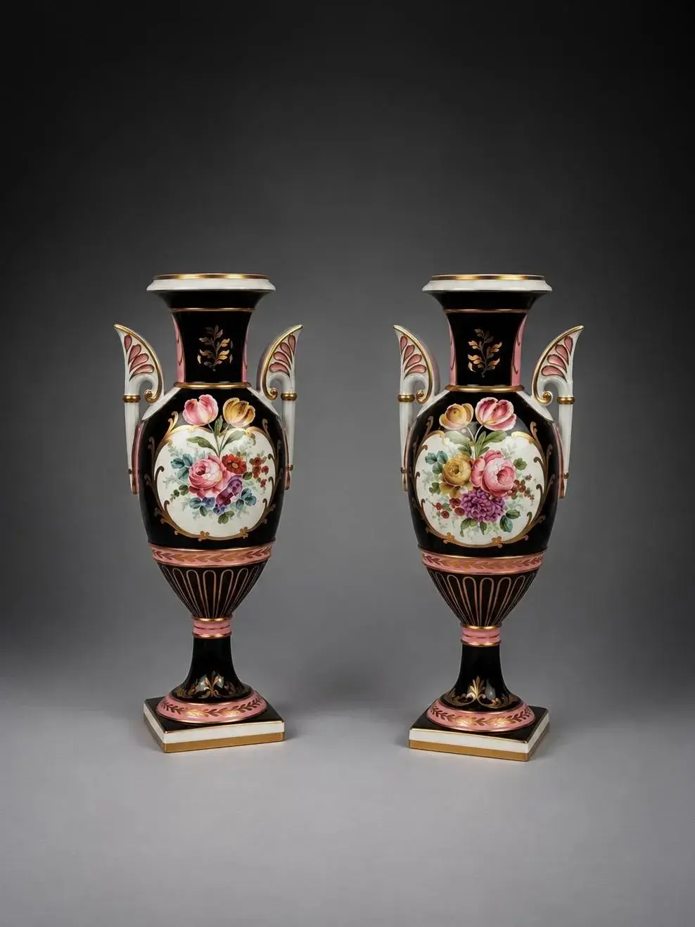 Pair of polychrome glazed porcelain vases with a black backg - Lot 83