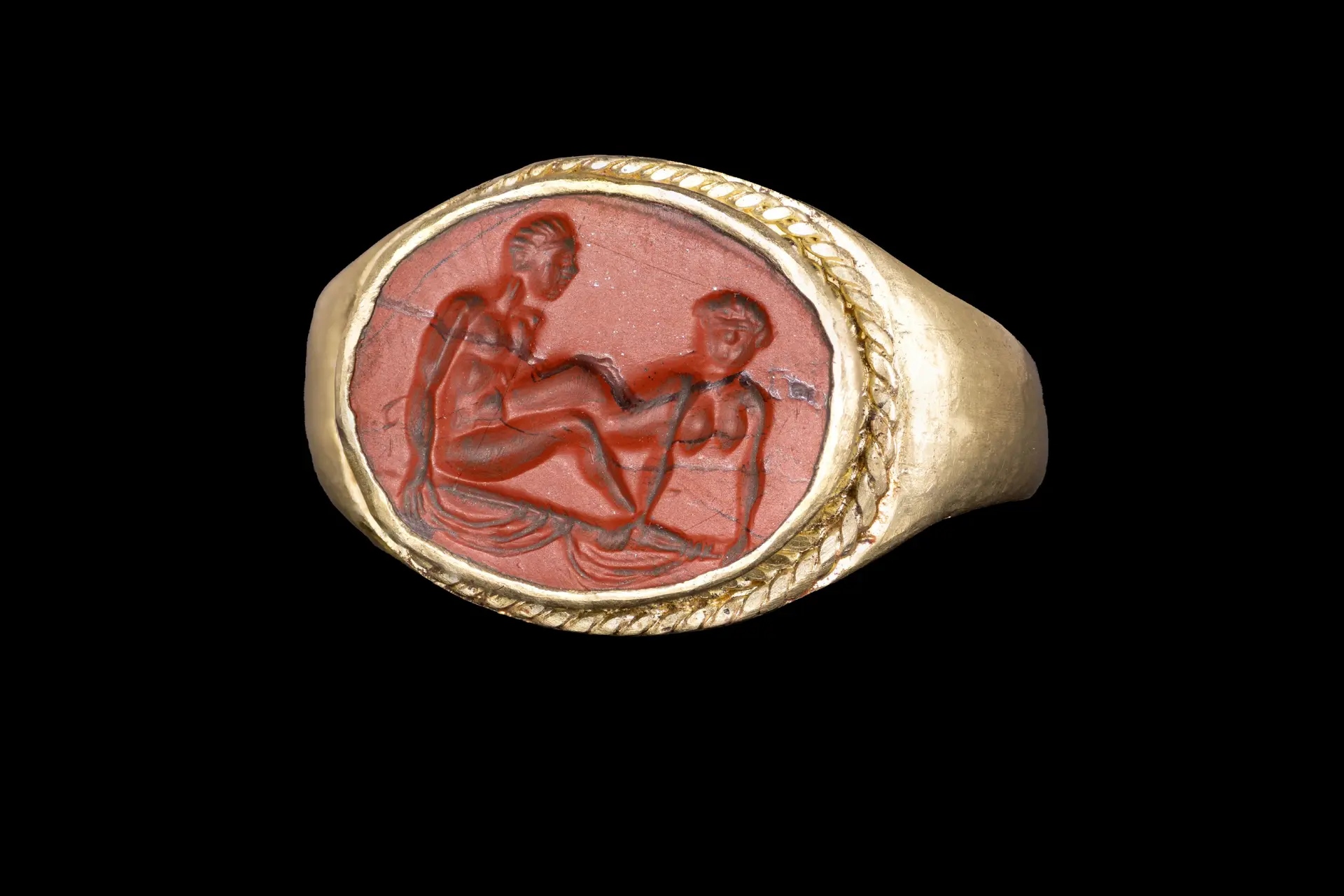 ROMAN JASPER INTAGLIO WITH EROTIC SCENE IN GOLD RING