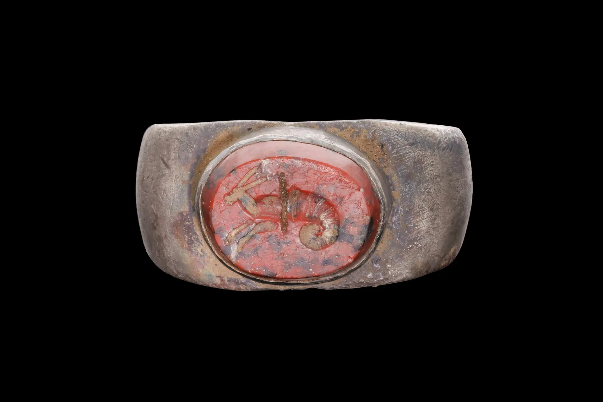 ROMAN RED JASPER INTAGLIO OF A SEA CREATURE IN SILVER RING