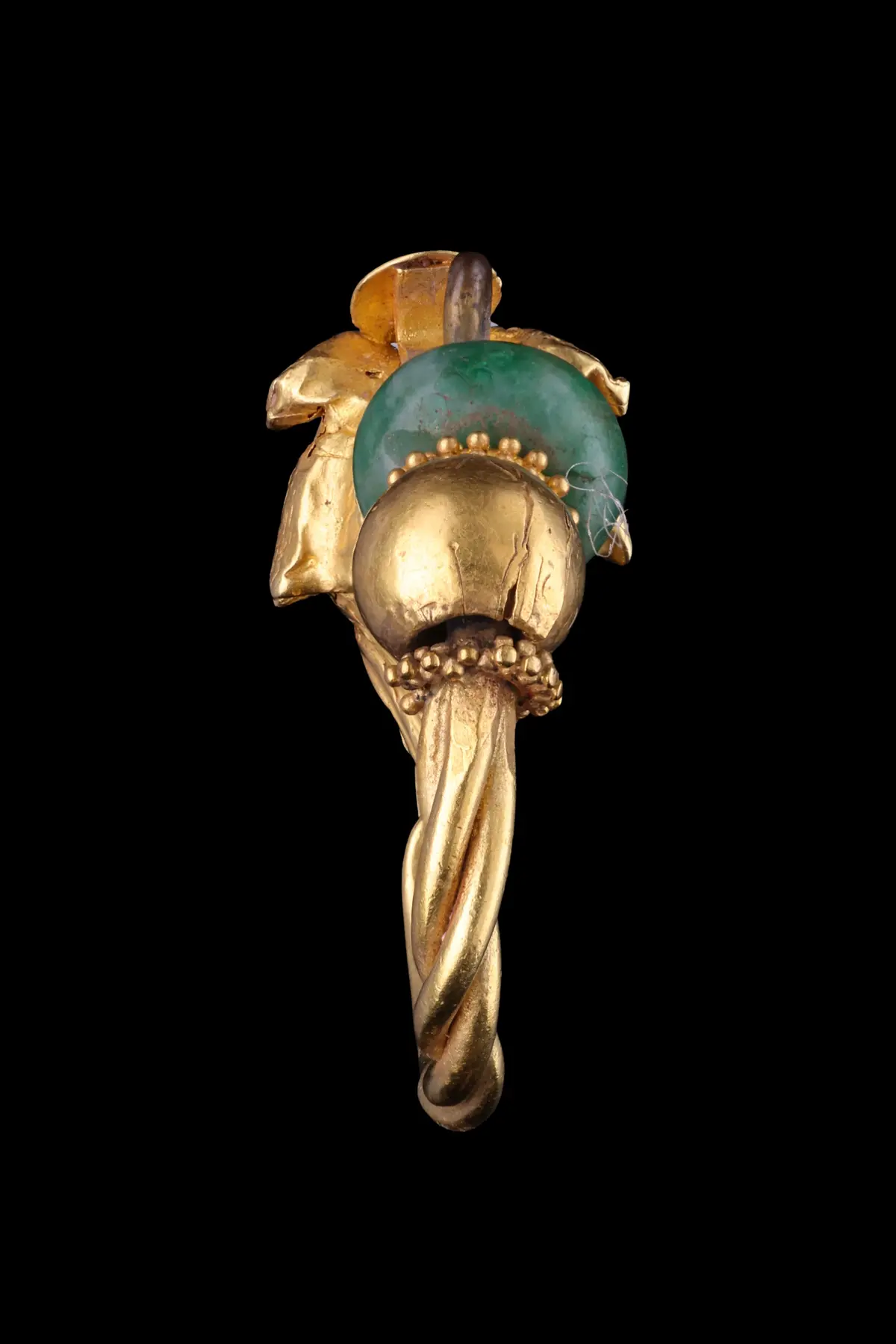 GREEK GOLD AND EMERALD EARRING WITH GOAT HEAD