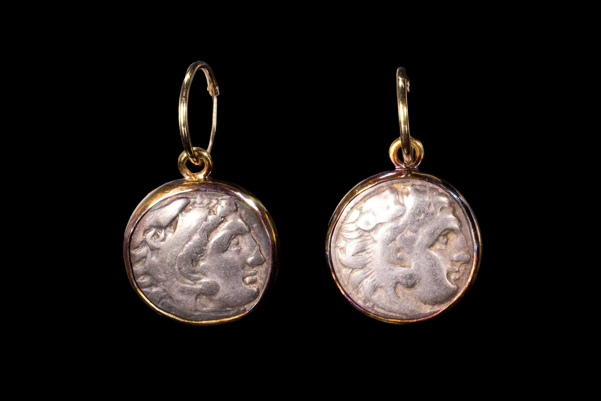 PAIR OF SILVER DRACHMS OF ALEXANDER THE GREAT IN GOLD EARRINGS