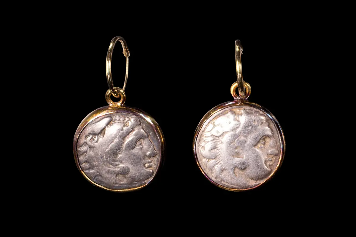 PAIR OF SILVER DRACHMS OF ALEXANDER THE GREAT IN GOLD EARRINGS