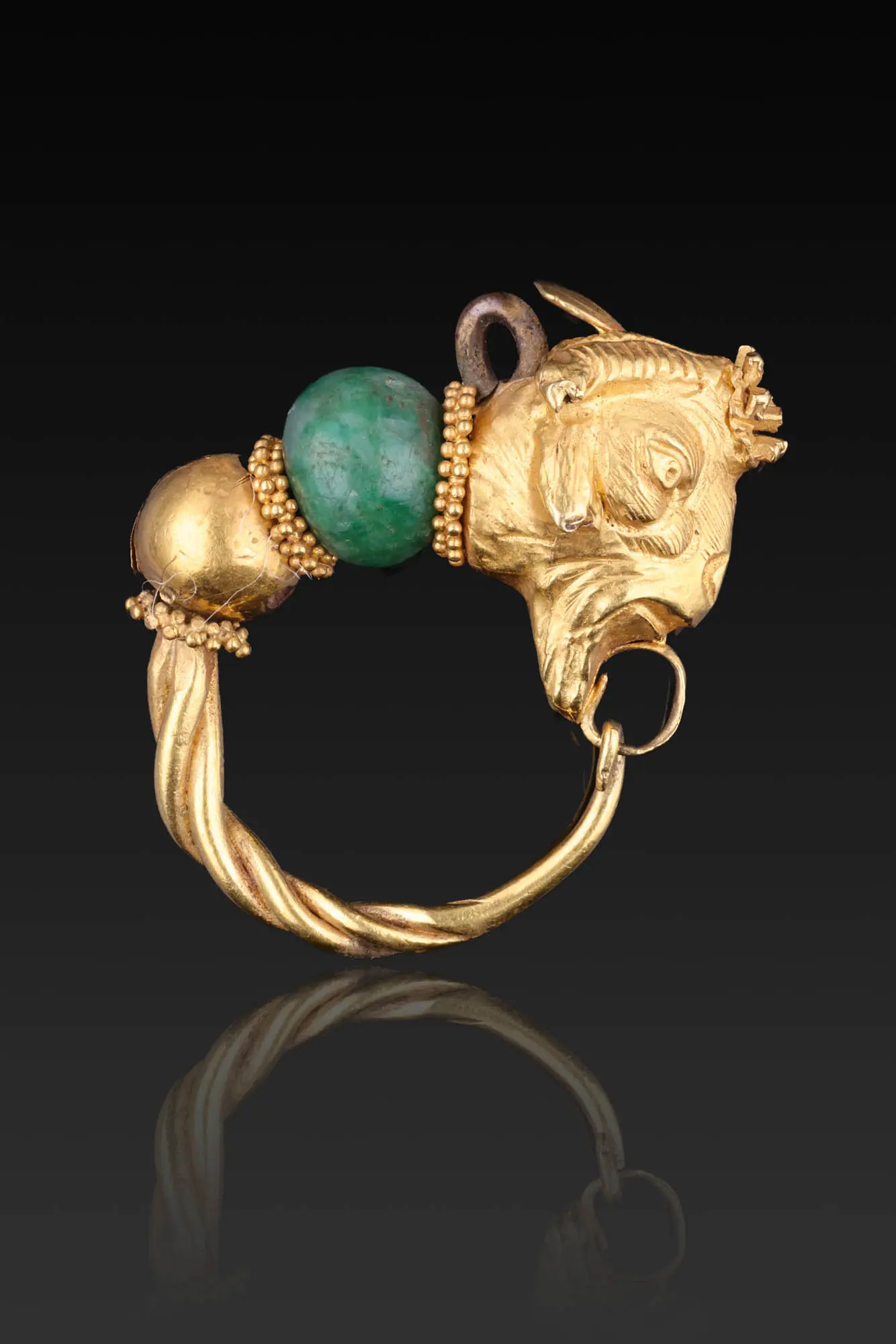 GREEK GOLD AND EMERALD EARRING WITH GOAT HEAD
