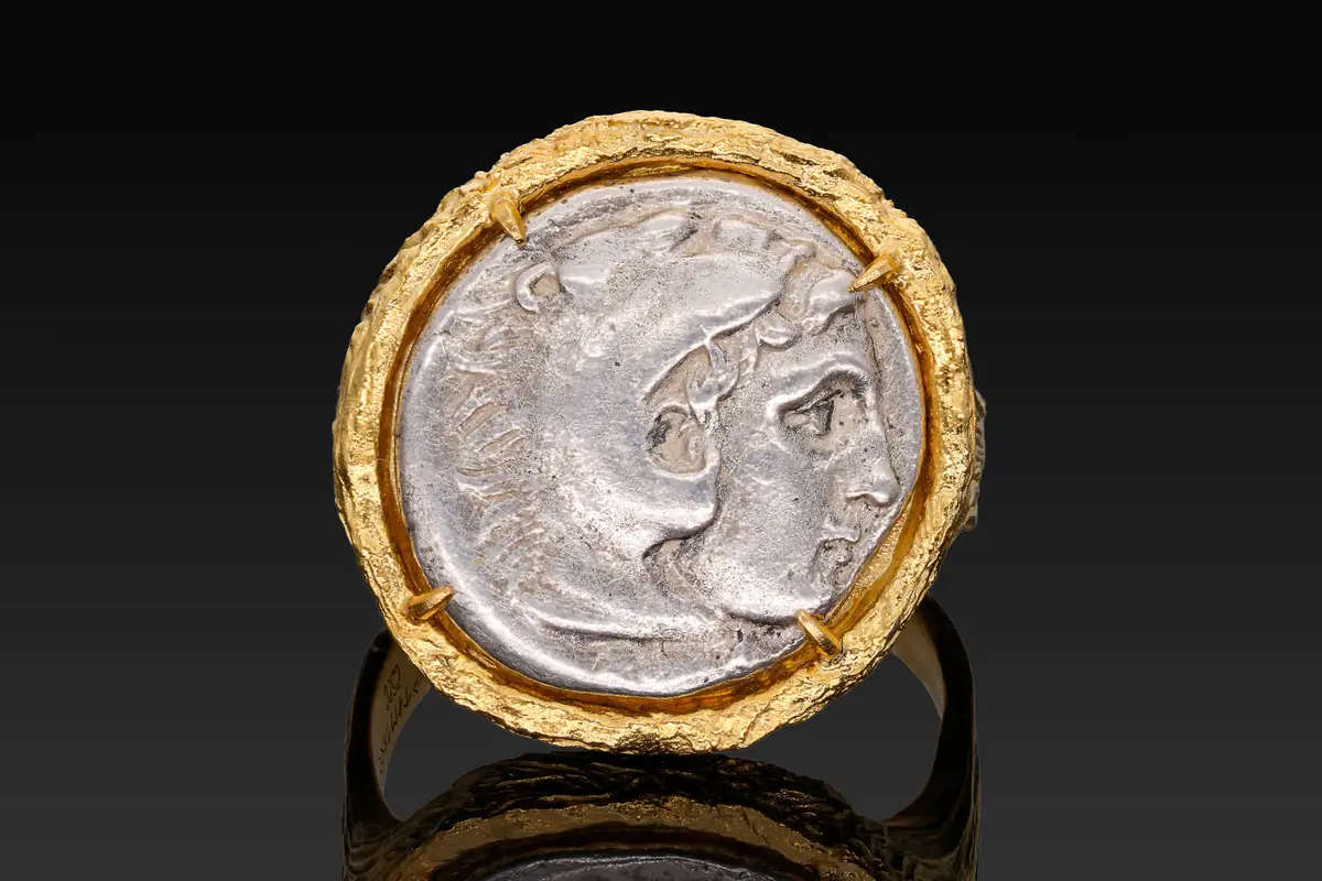 SILVER DRACHM OF ALEXANDER THE GREAT IN GOLD-PLATED STERLING SILVER RING