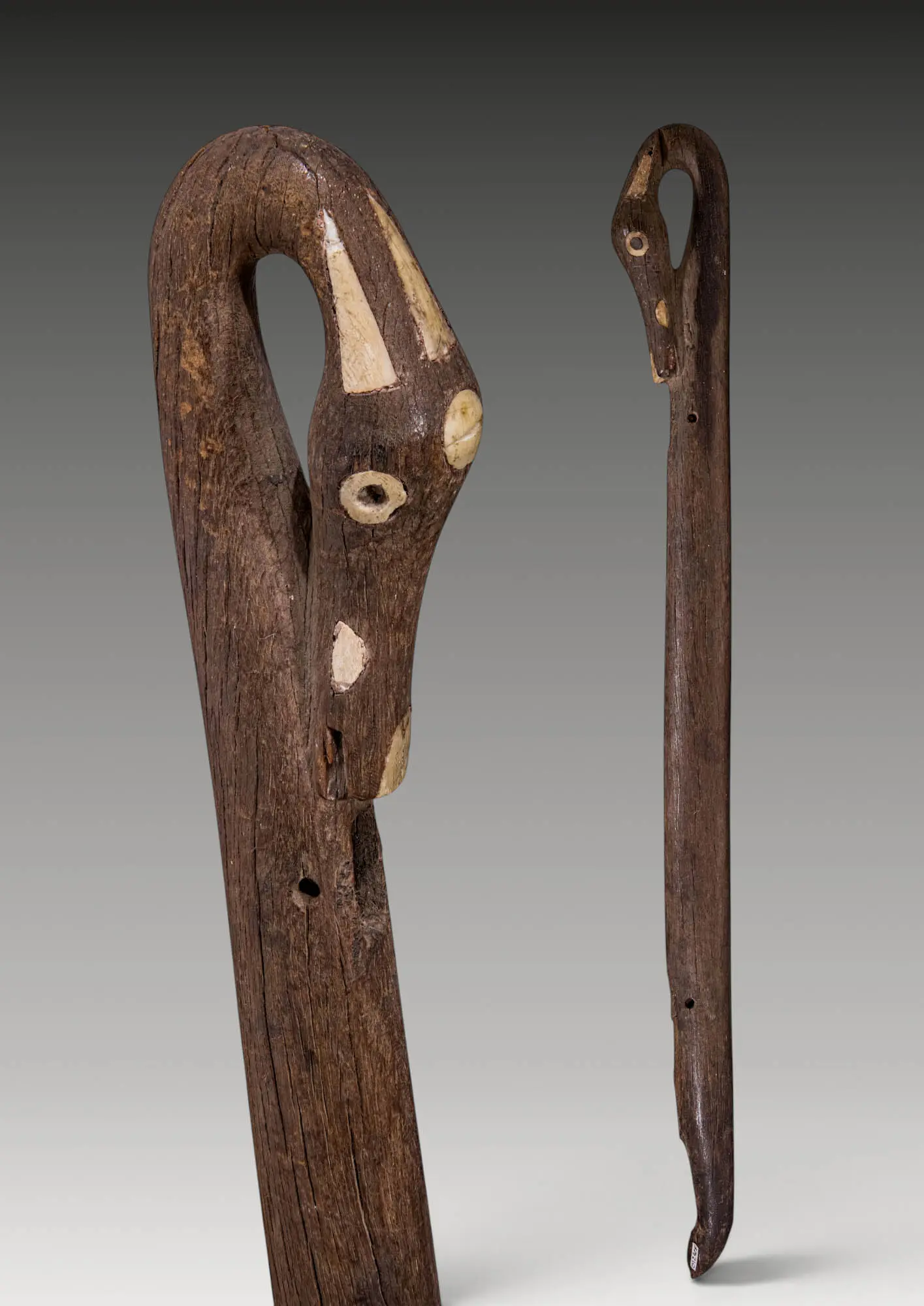 EGYPTIAN WOODEN STICK WITH DUCK HEAD FINIAL AND BONE INLAYS