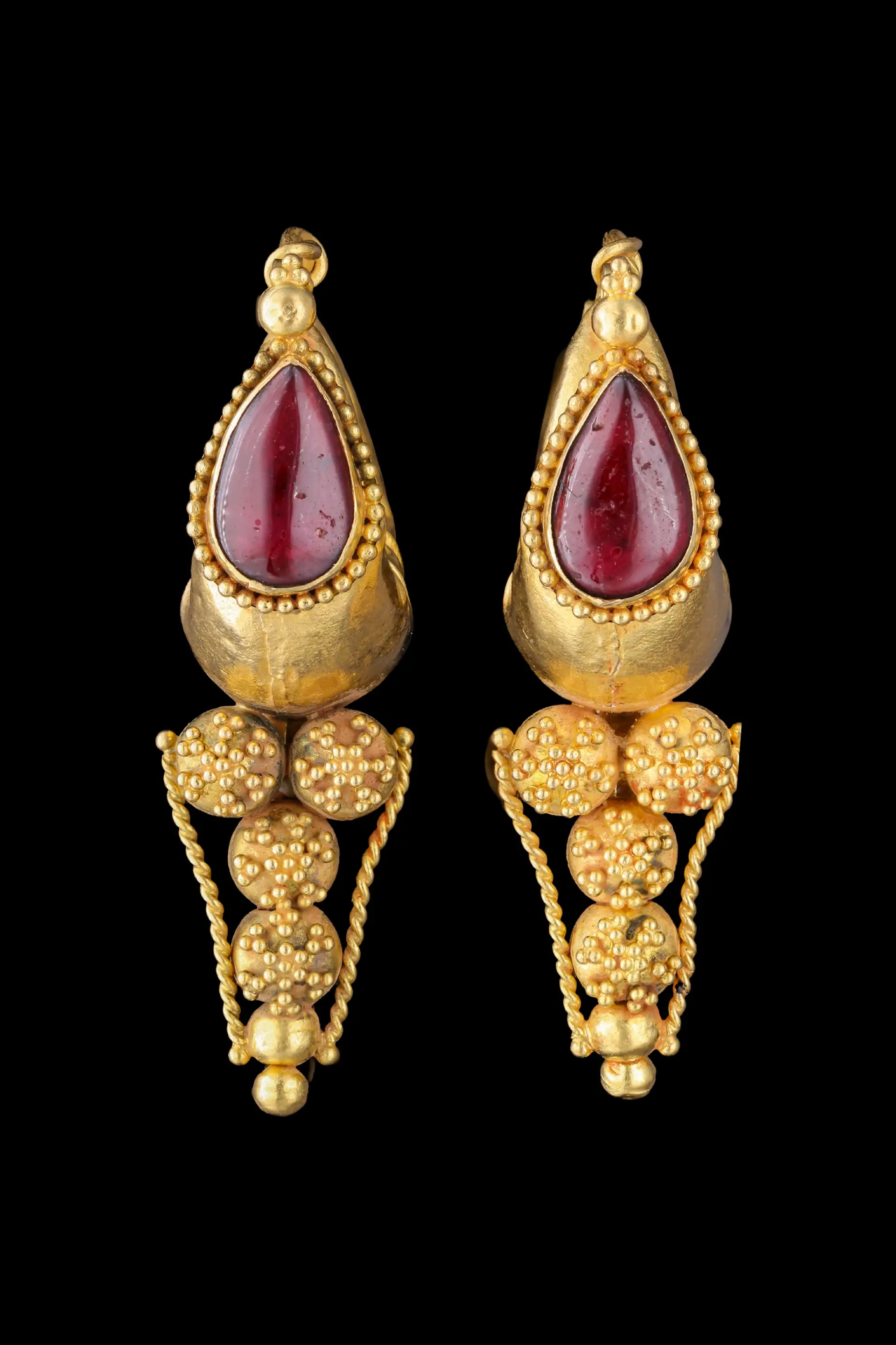 MATCHED PAIR OF GREEK GOLD FILIGREE EARRINGS WITH GARNETS