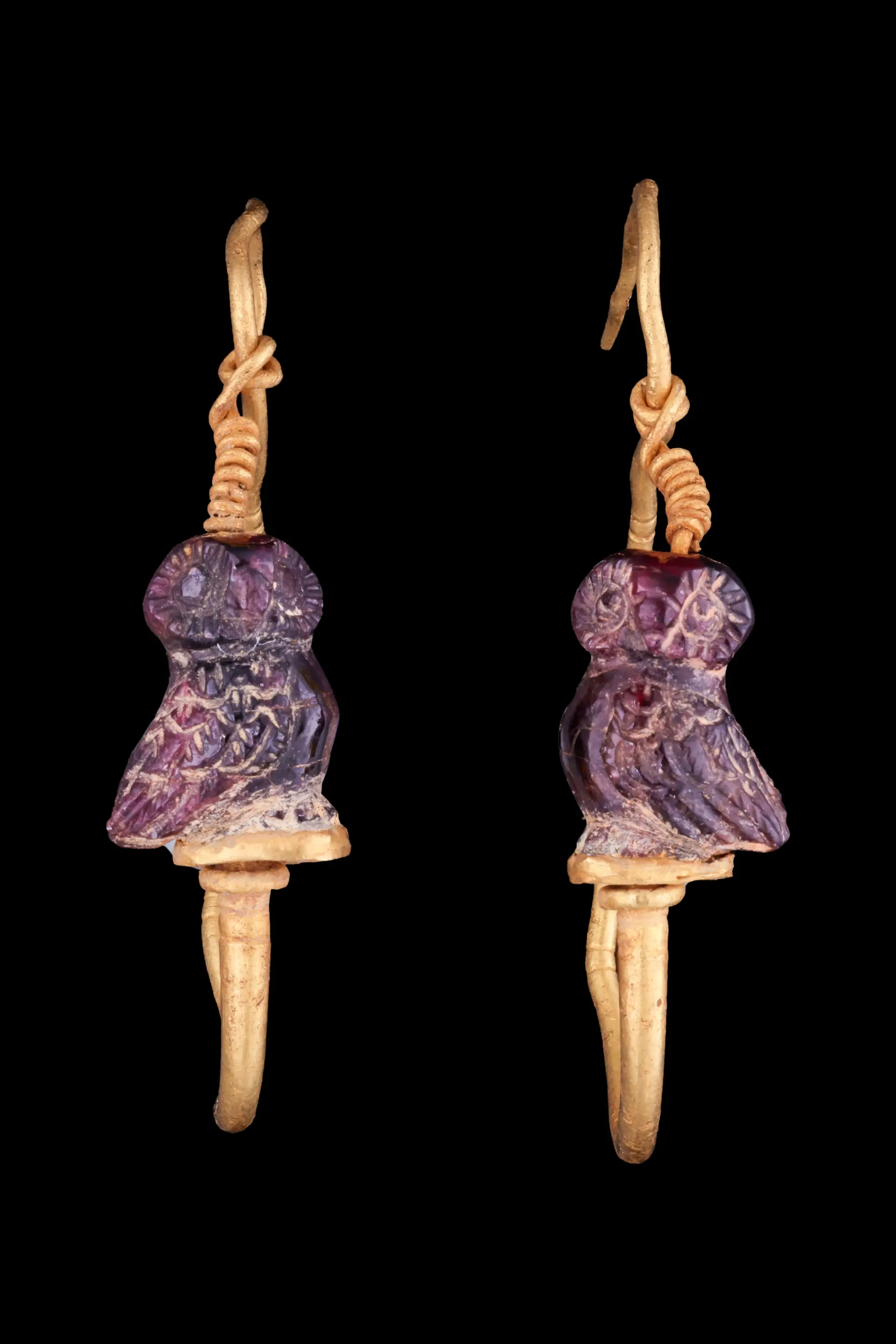STUNNING MATCHED PAIR OF HELLENISTIC GOLD EARRINGS WITH GARNET OWLS