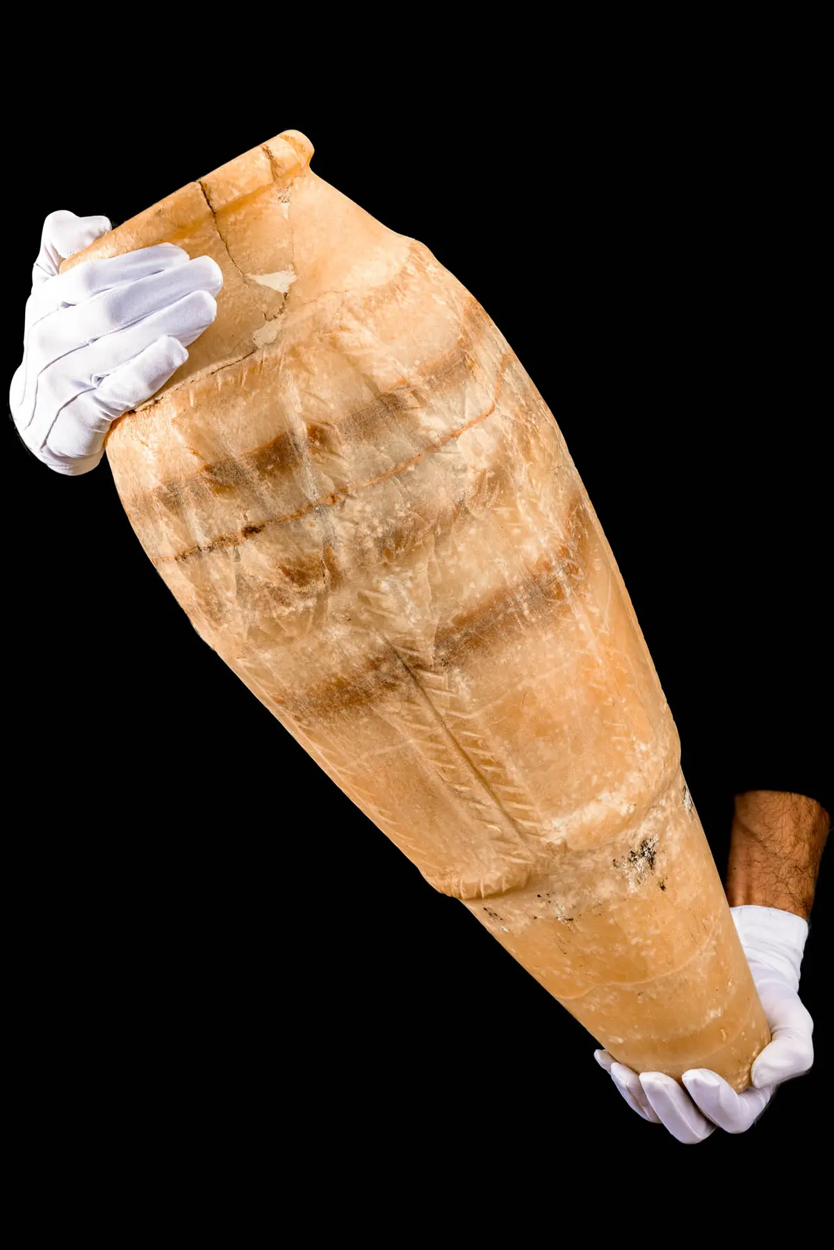 MASSIVE EGYPTIAN ALABASTER VESSEL WITH GEOMETRIC DECORATION
