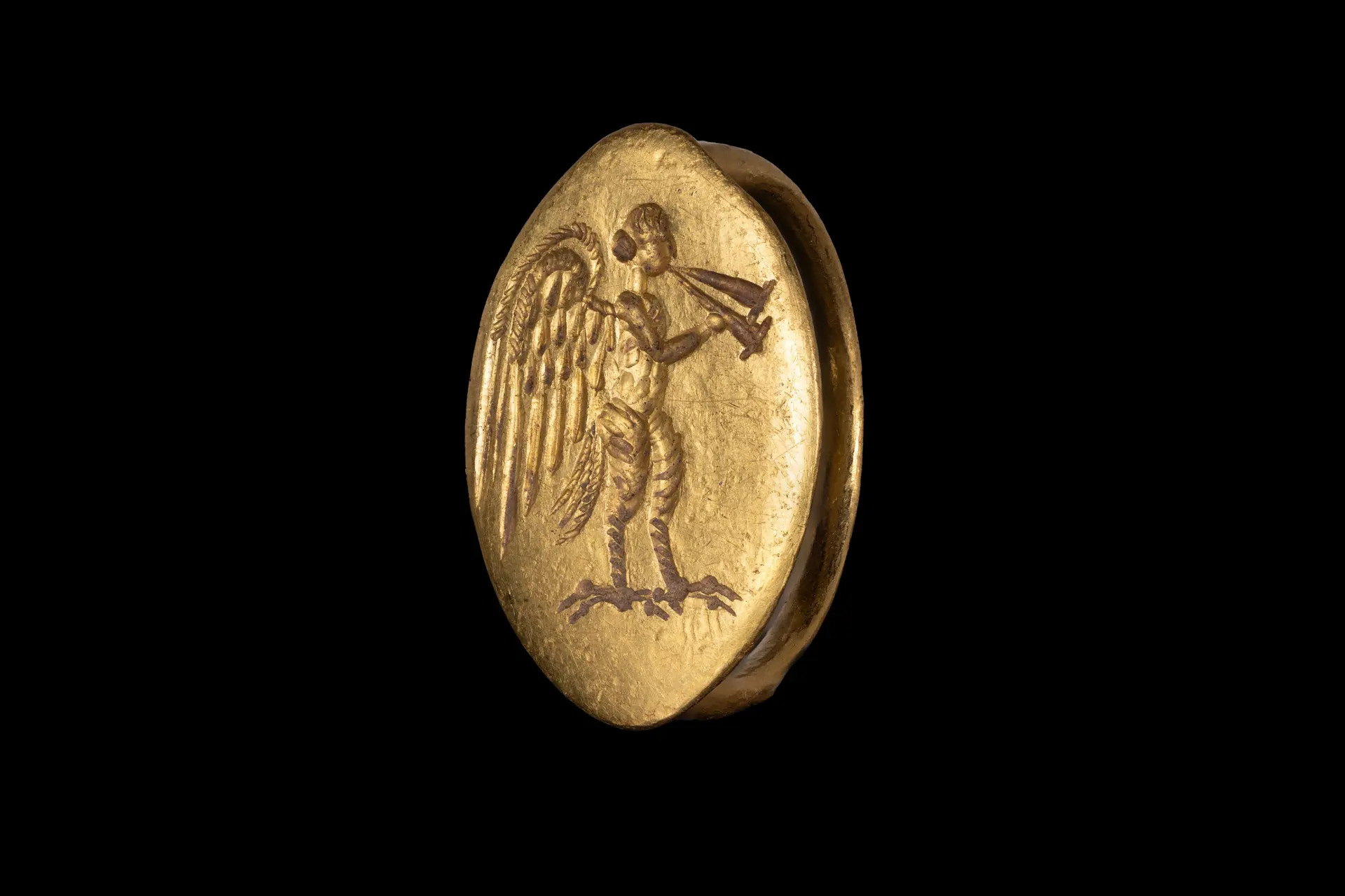 RARE GREEK GOLD RING WITH SIREN PLAYING AULOS