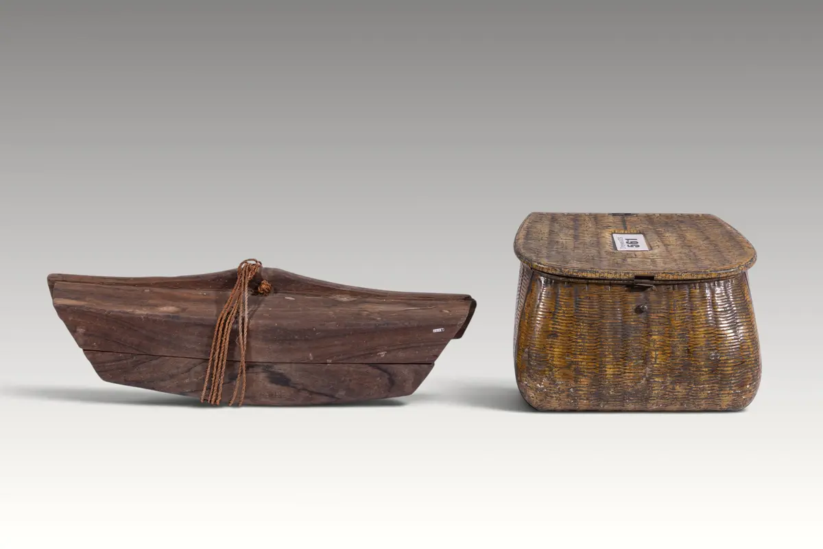 CAROLINE ISLANDS FISH TRAP AND TINPLATE WICKER FISHING CREEL