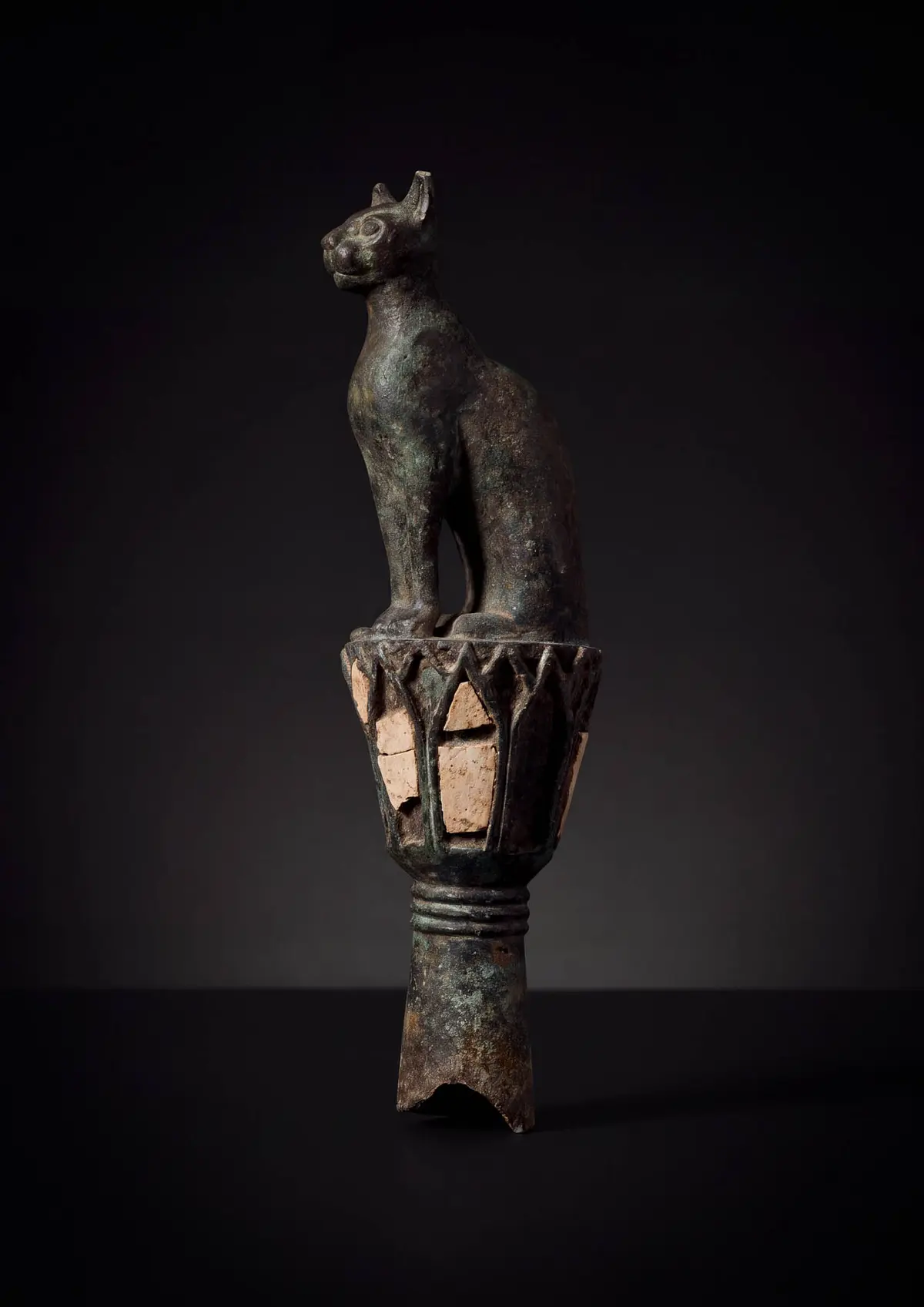 EGYPTIAN BRONZE GODDESS BASTET AS A CAT ON A LOTUS COLUMN