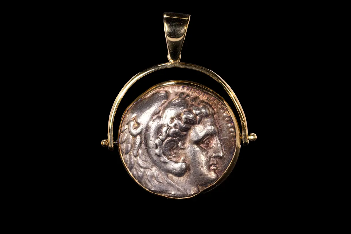 SILVER TETRADRACHM OF ALEXANDER THE GREAT IN GOLD PENDANT