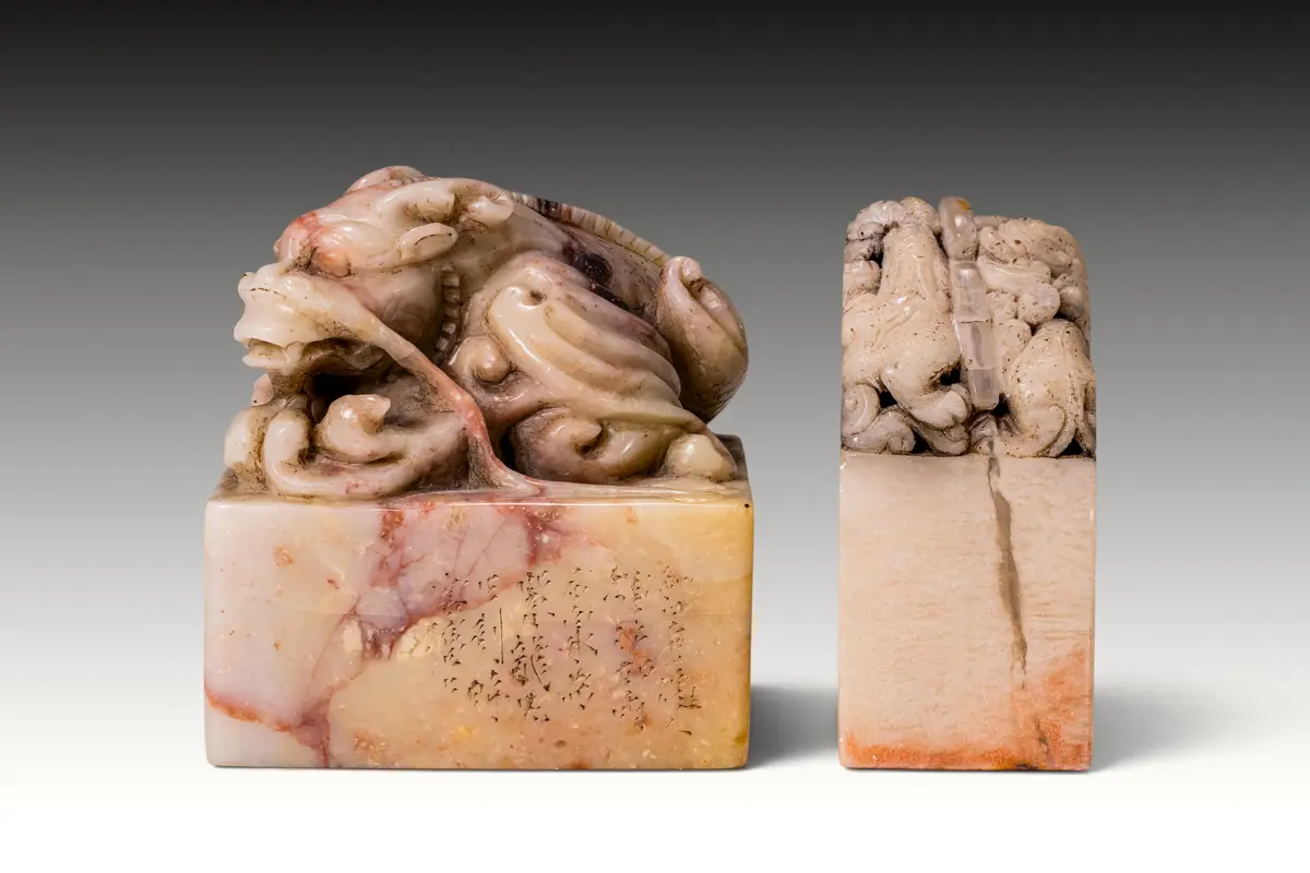 TWO SOAPSTONE SEALS WITH MYTHICAL BEASTS