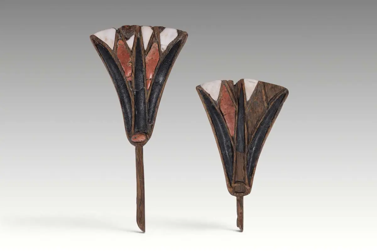 STUNNING PAIR OF EGYPTIAN WOODEN LOTUS FLOWER INLAYS