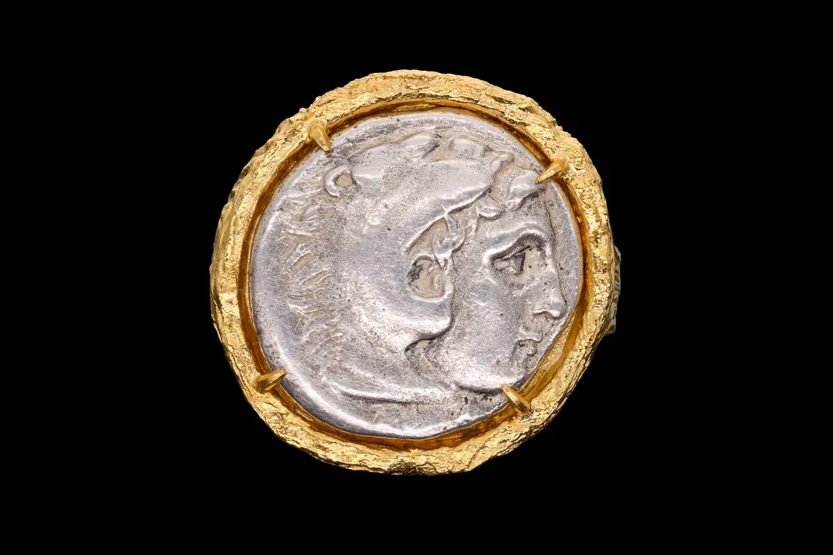 SILVER DRACHM OF ALEXANDER THE GREAT IN GOLD-PLATED STERLING SILVER RING