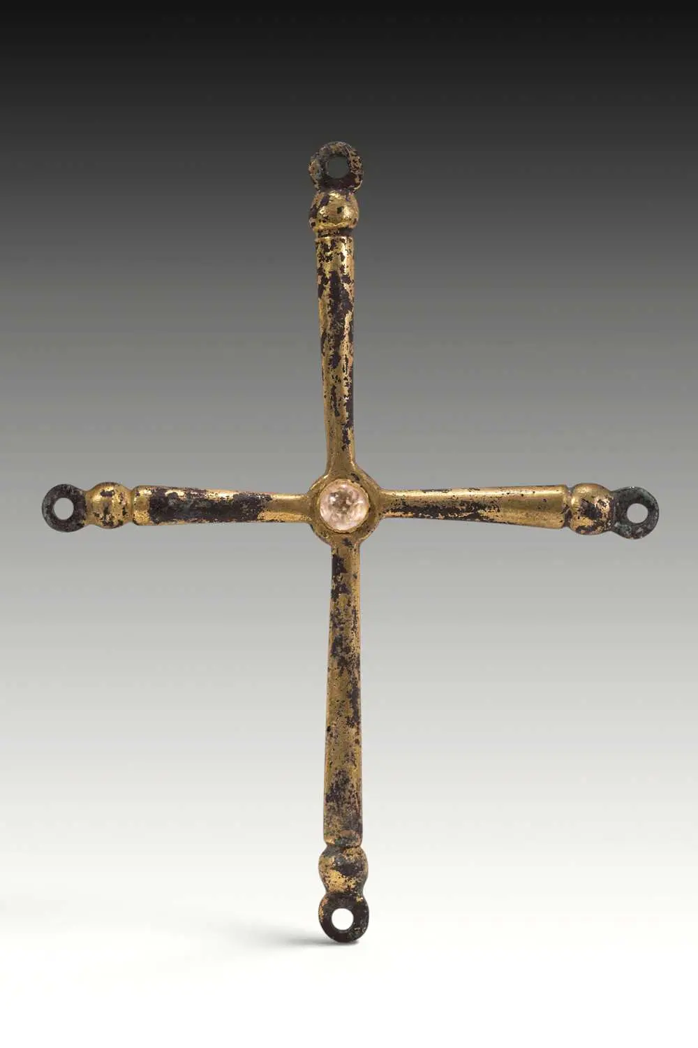 LARGE BYZANTINE GILT-BRONZE CROSS WITH CENTRAL ROCK CRYSTAL CABOCHON
