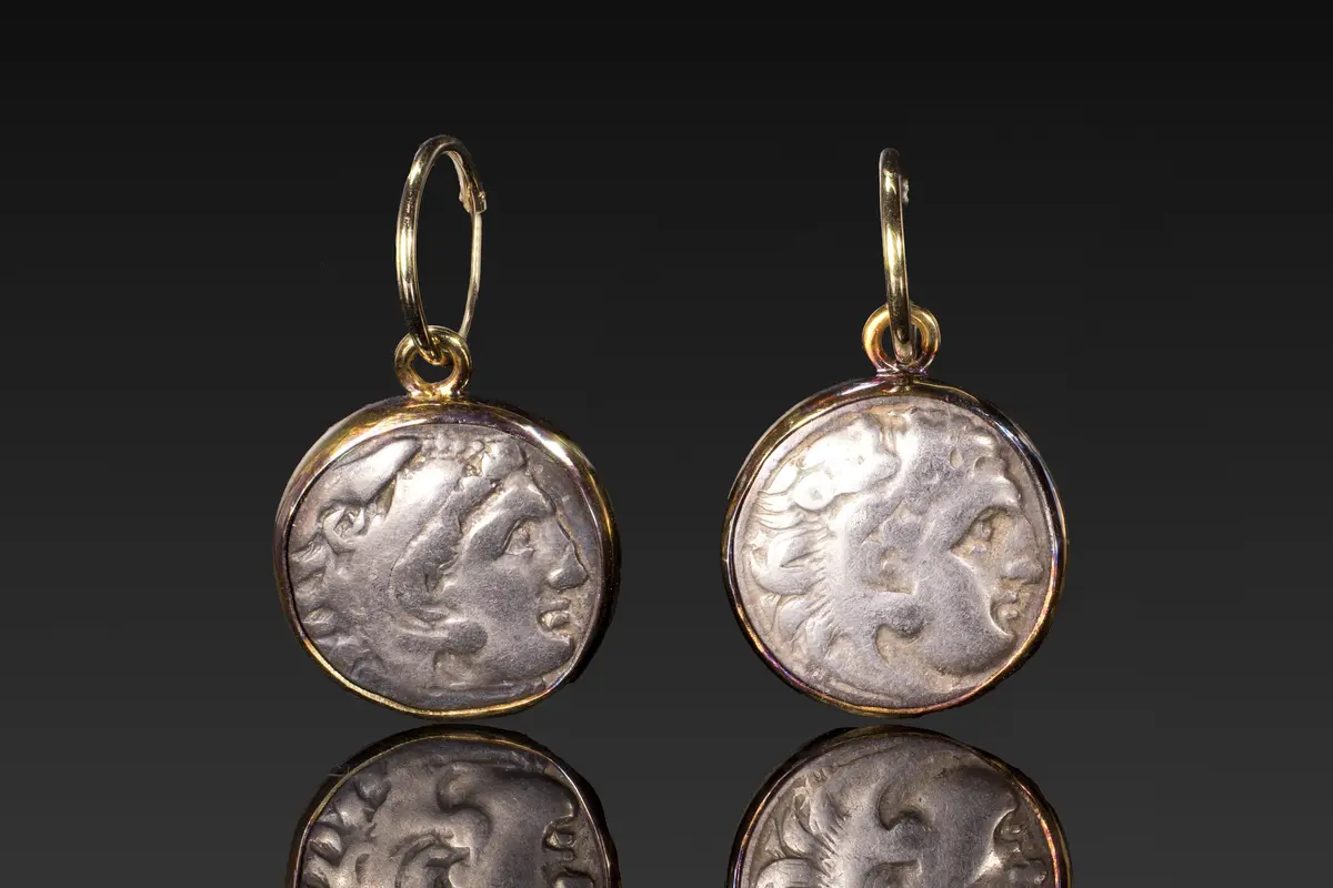 PAIR OF SILVER DRACHMS OF ALEXANDER THE GREAT IN GOLD EARRINGS