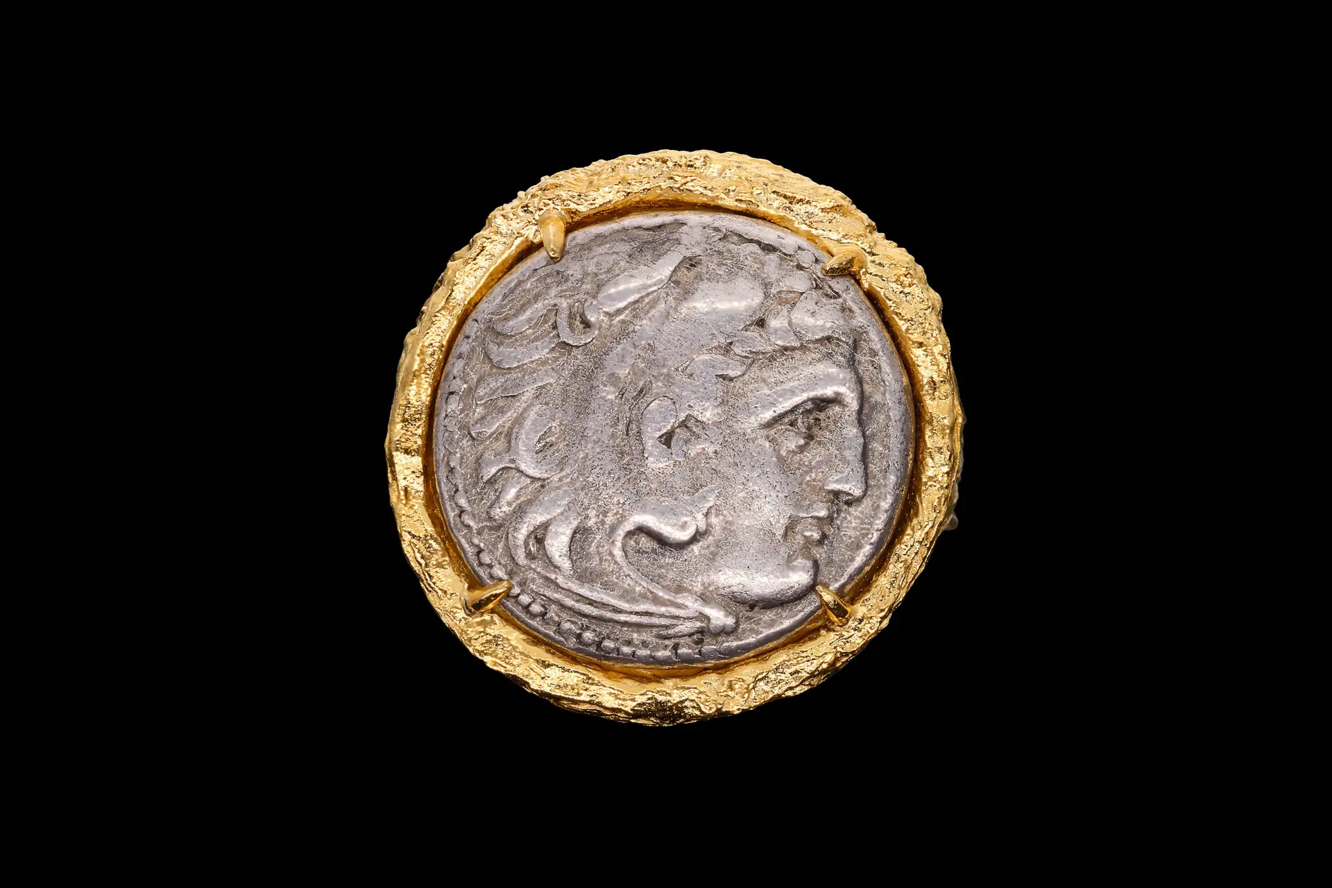SILVER DRACHM OF ALEXANDER THE GREAT IN GOLD-PLATED STERLING SILVER RING