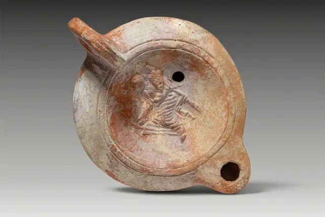 ROMAN TERRACOTTA OIL LAMP WITH SEATED FORTUNA