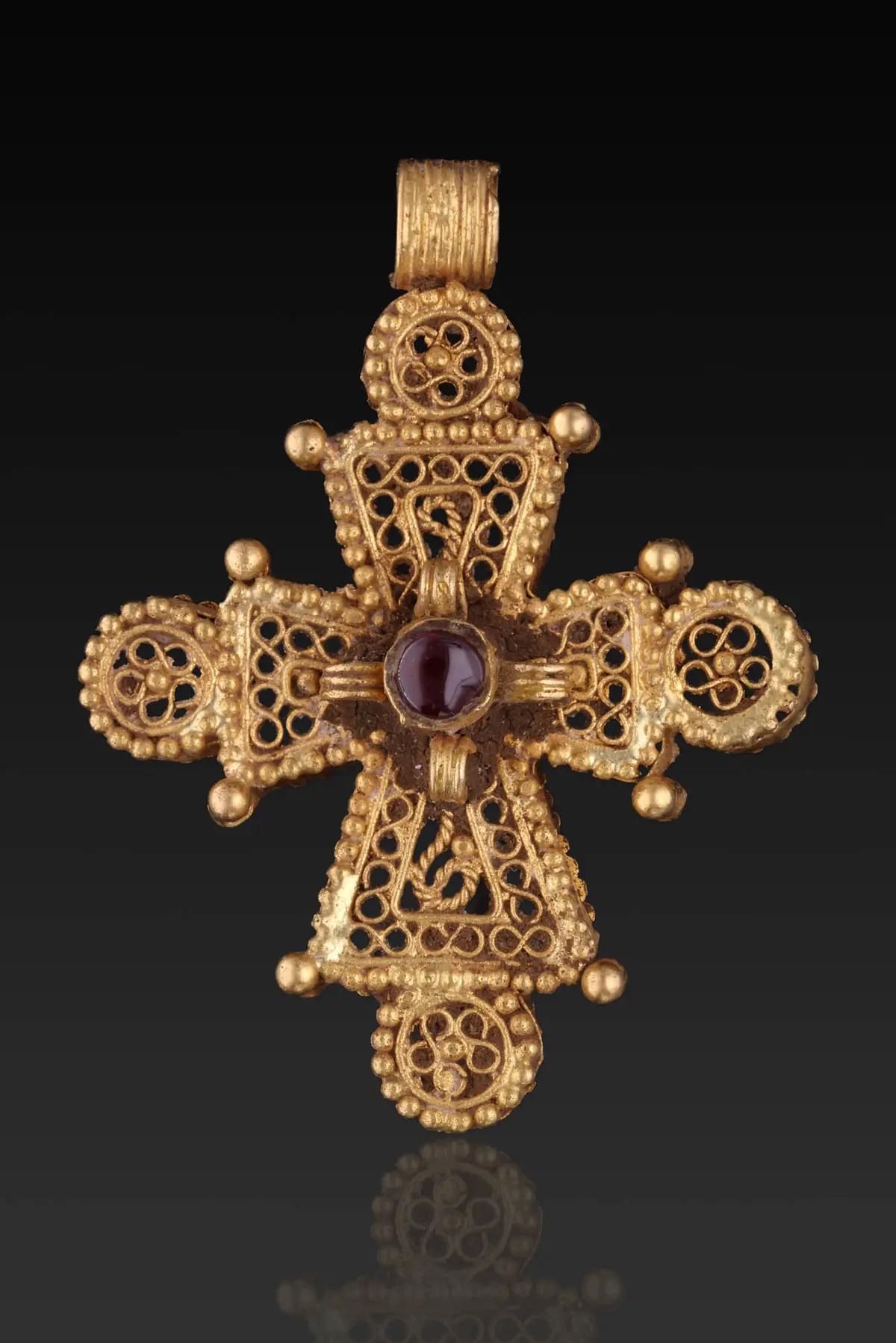 BYZANTINE GOLD OPENWORK CROSS PENDANT WITH GARNET