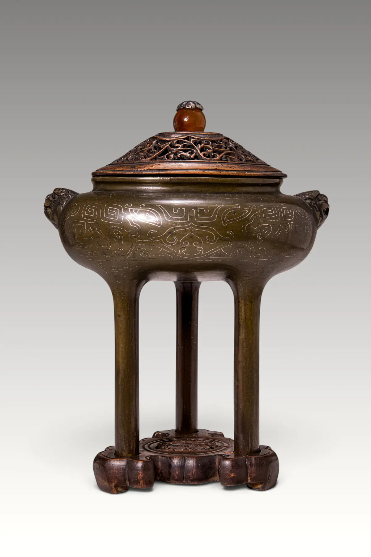 BRONZE TRIPOD INCENSE BURNER WITH RETICULATED WOODEN COVER