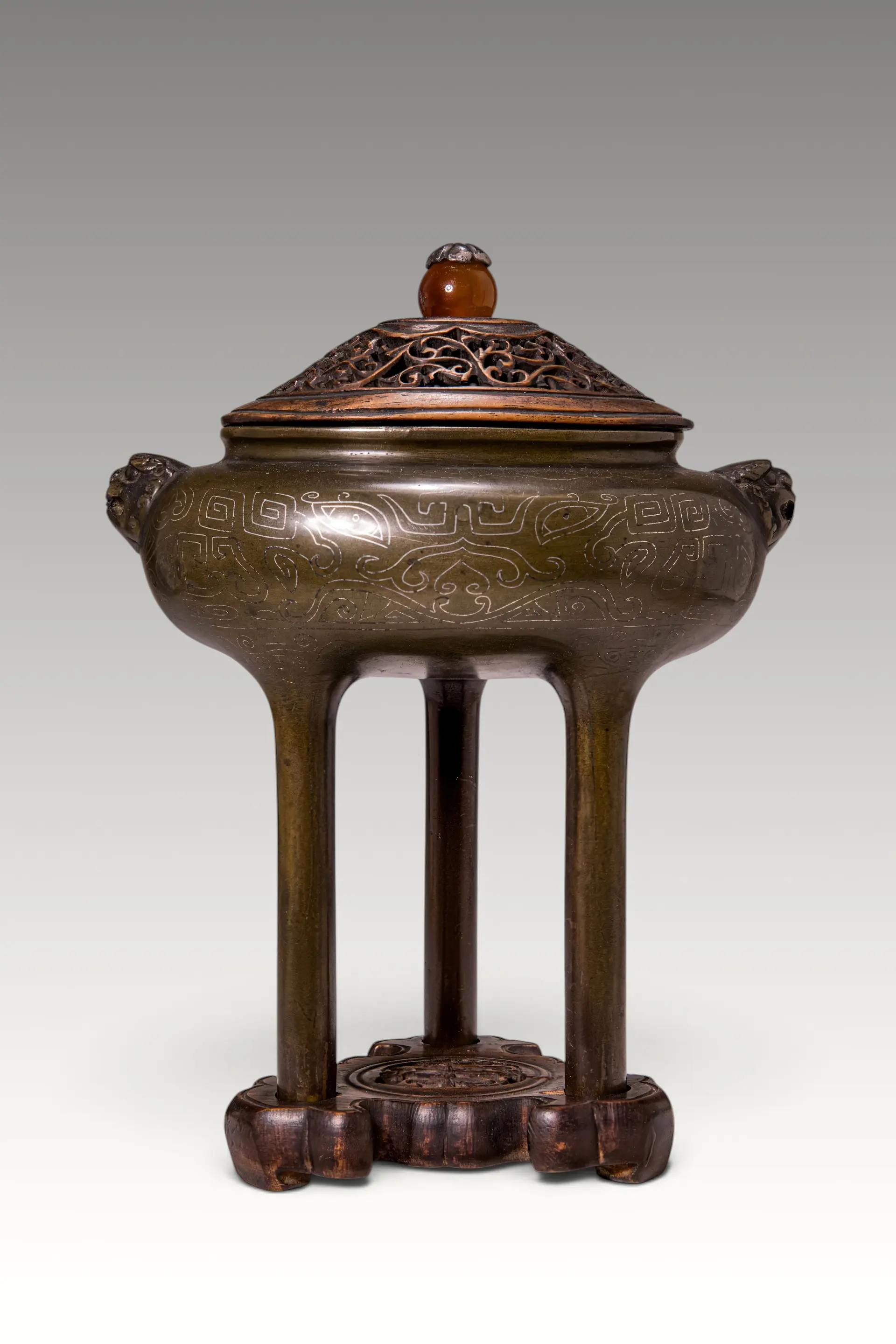 BRONZE TRIPOD INCENSE BURNER WITH RETICULATED WOODEN COVER
