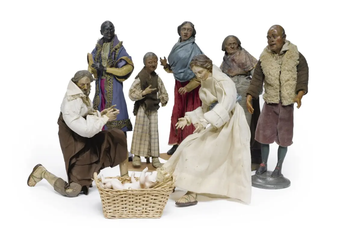 GROUP OF ITALIAN CRECHE FIGURES DEPICTING THE NATIVITY SCENE