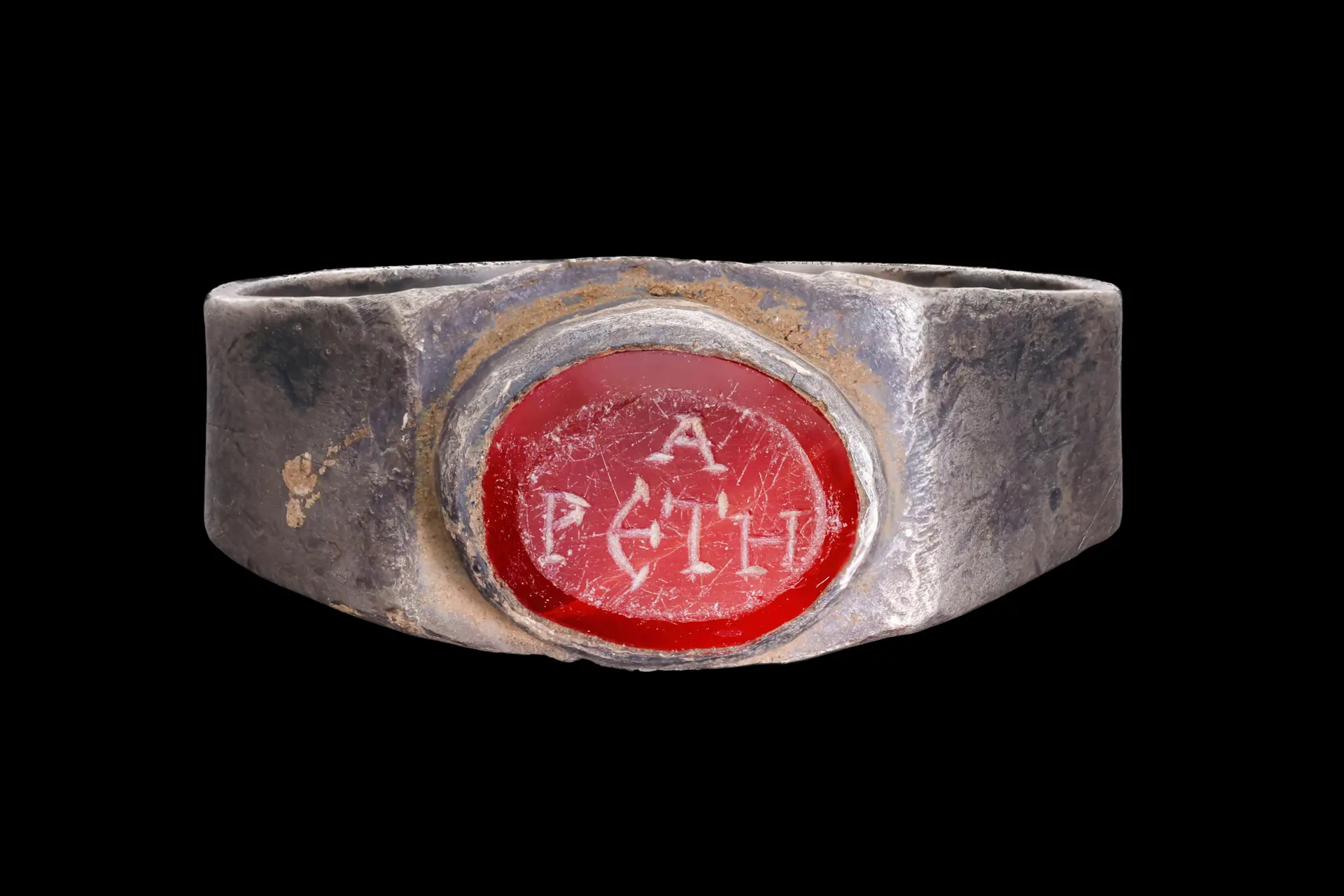 ROMAN CARNELIAN INTAGLIO WITH GREEK INSCRIPTION IN SILVER RING