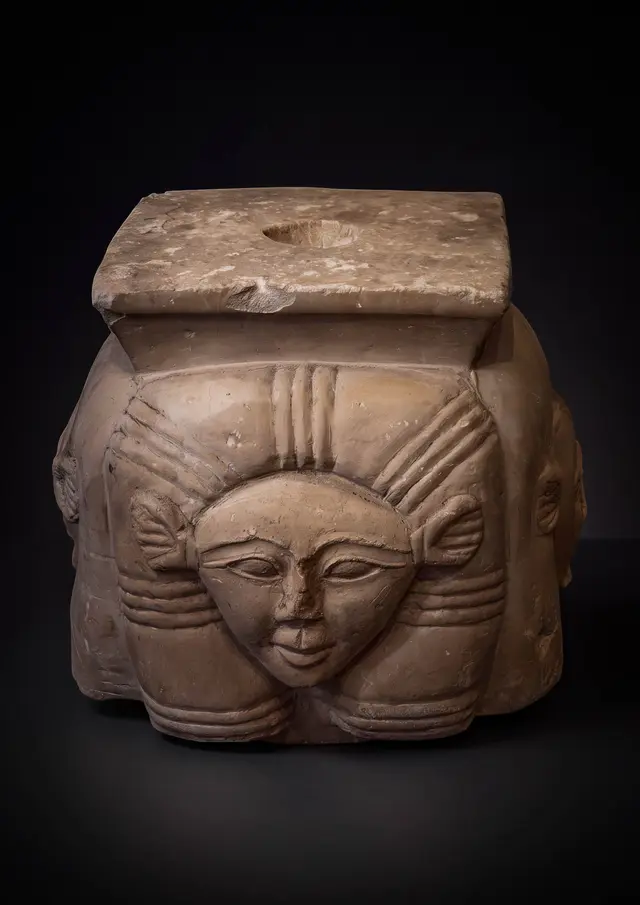 LARGE EGYPTIAN PTOLEMAIC LIMESTONE HATHORIC CAPITAL