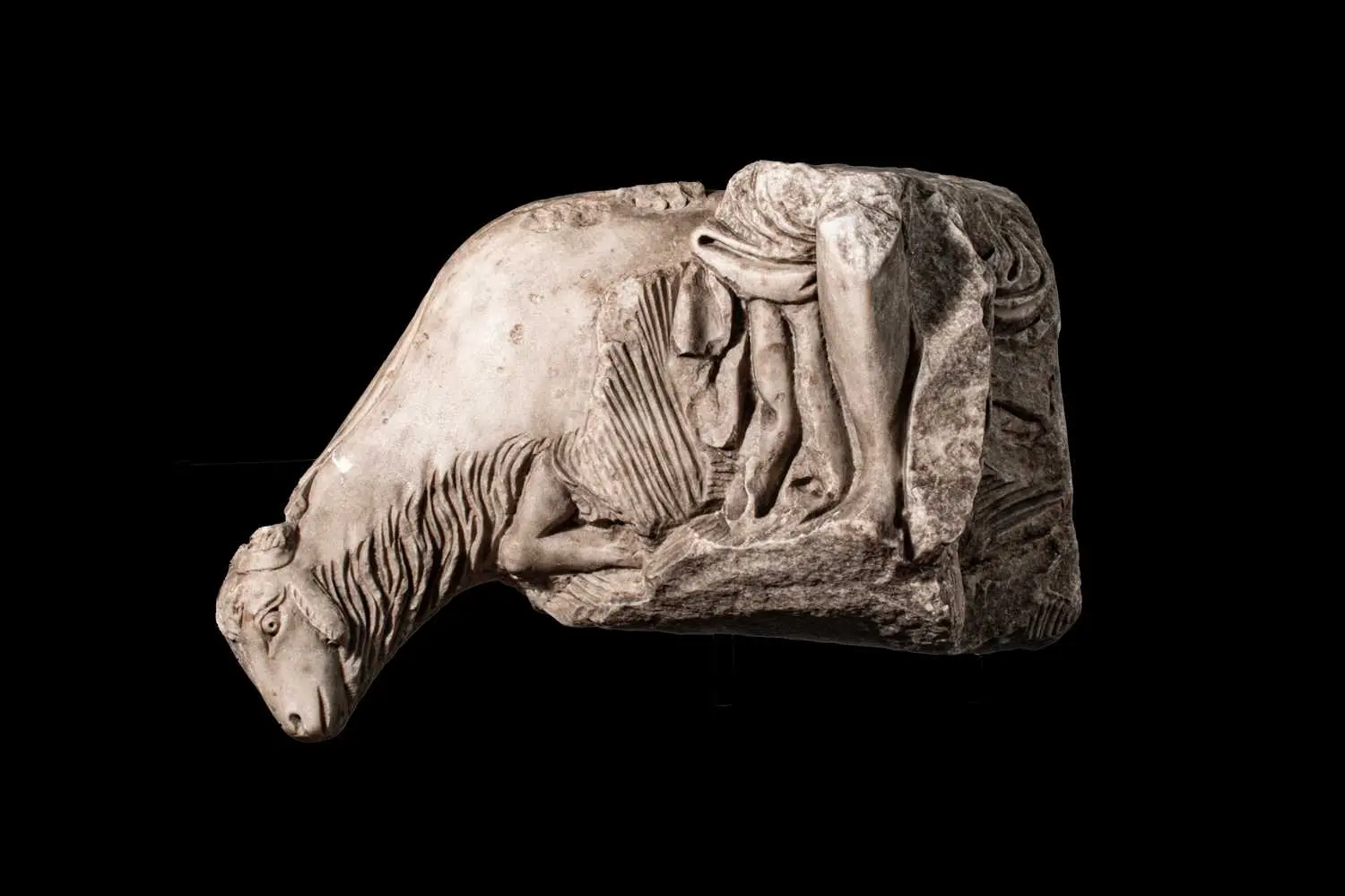 RARE ROMAN MARBLE DEPICTING AMALTHEA GOAT AND A FEMALE FIGURE