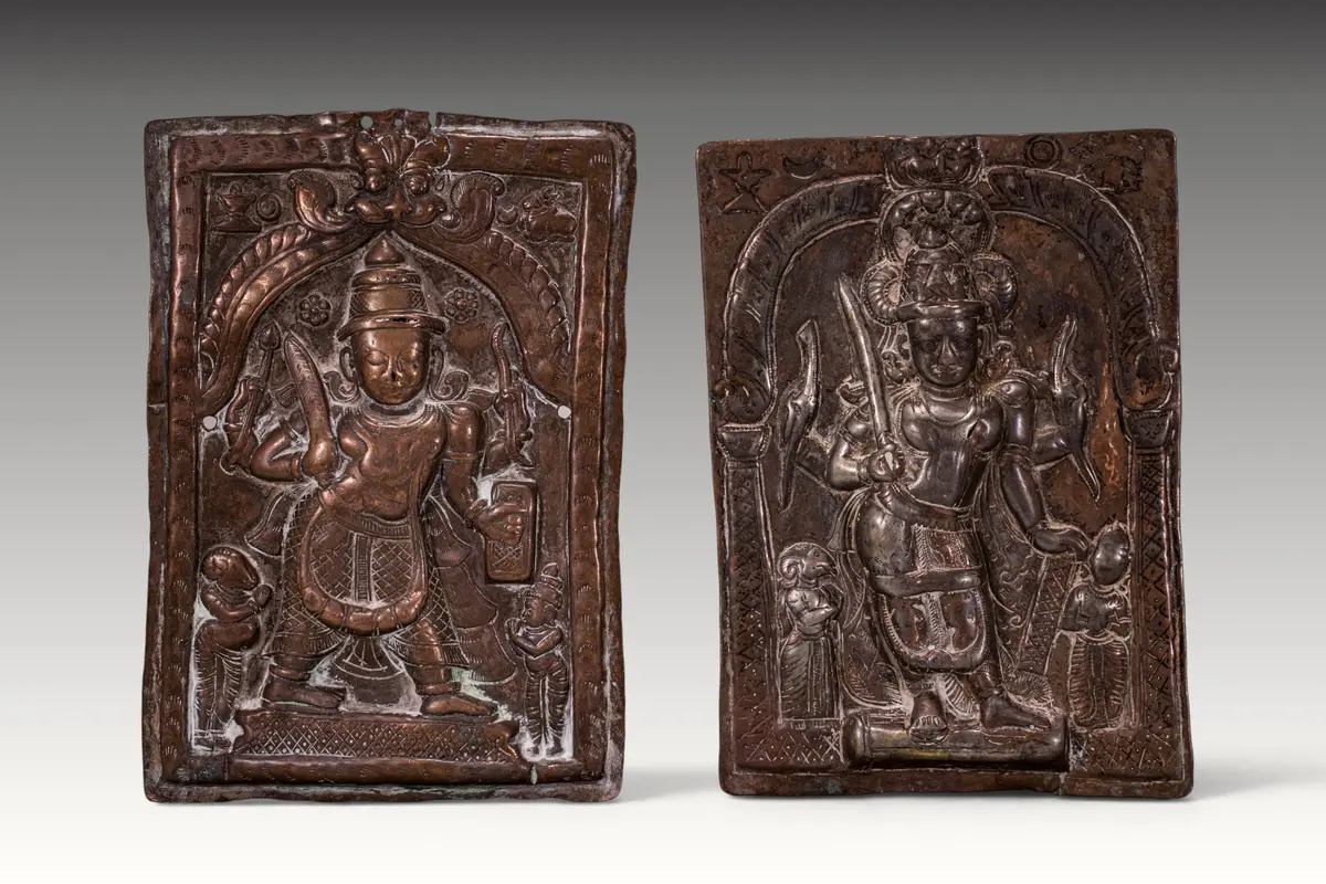 PAIR OF CEREMONIAL COPPER SHIELDS DEPICTING VIRABHADRA