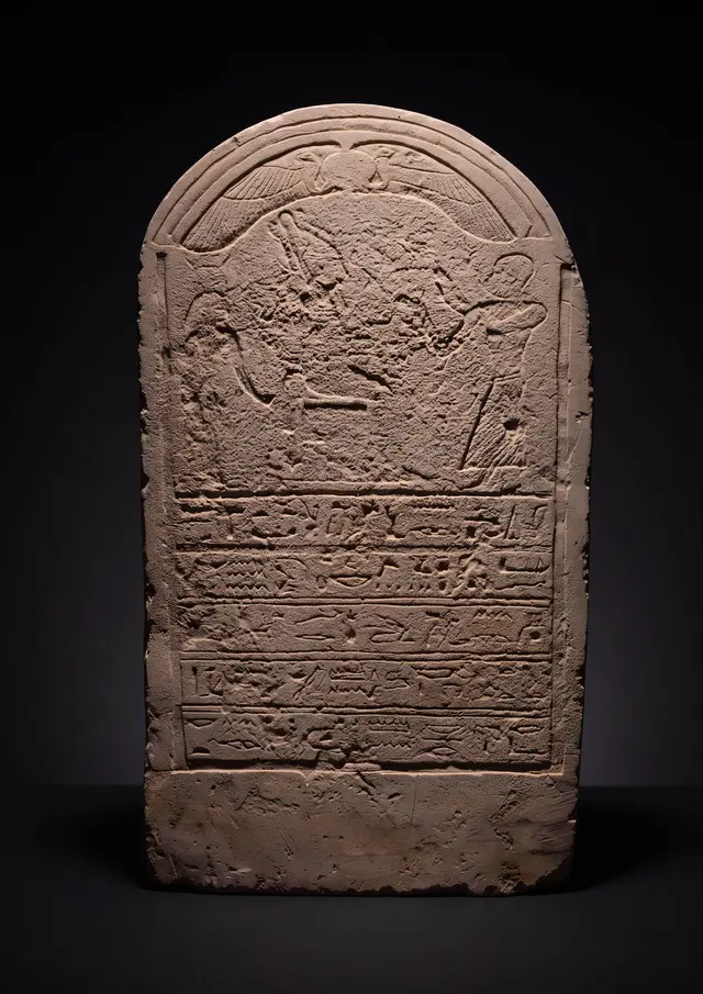 STUNNING EGYPTIAN LIMESTONE STELE DEPICTING ISIS, OSIRIS, A DECEASED