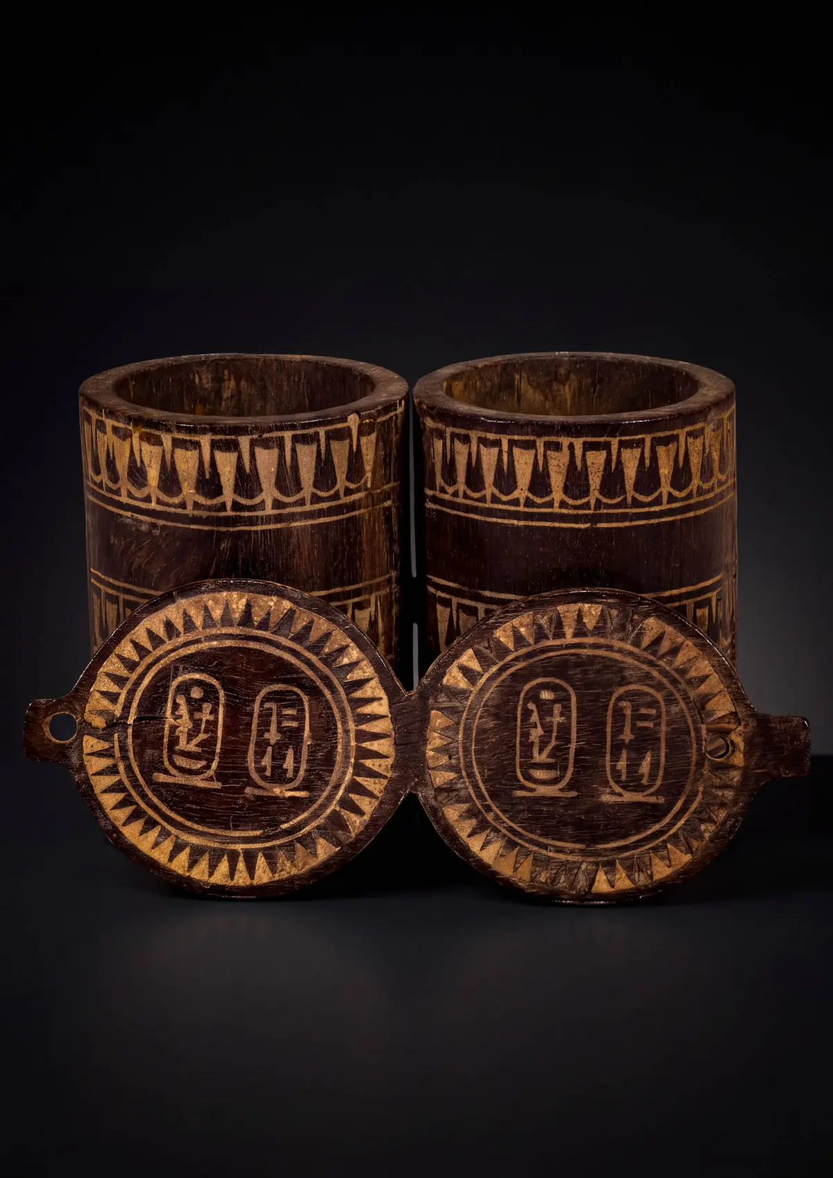 RARE EGYPTIAN WOODEN COSMETIC CONTAINER FROM THE ROYAL TOMB OF LADY